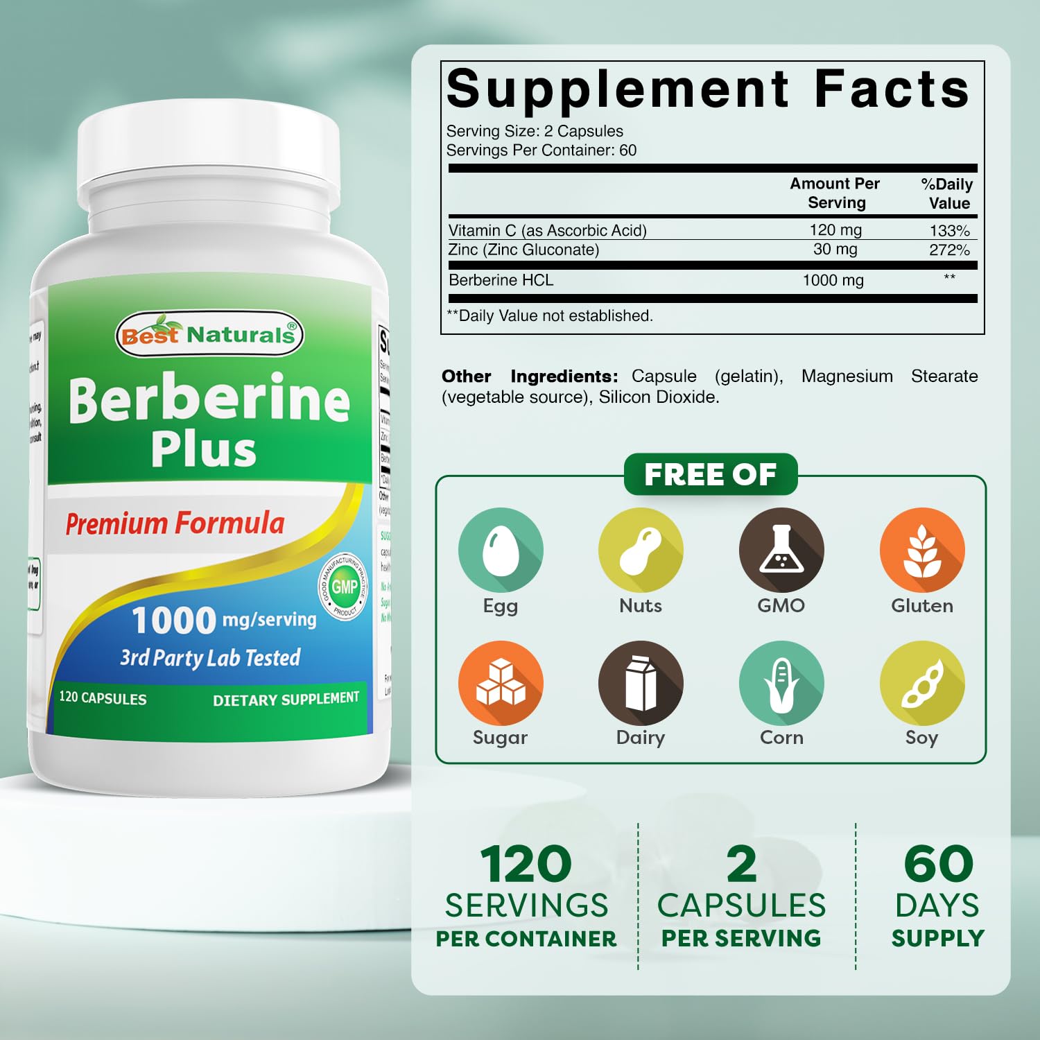 Foto 3 pulgar | Suplemento Best Naturals Berberine Plus 1000 Mg 120 Cápsulas X 2 - Venta Internacional.