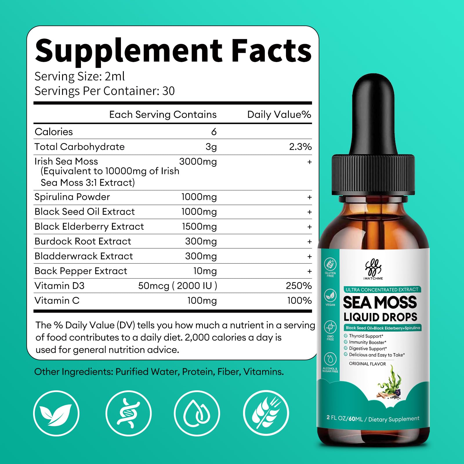 Foto 3 pulgar | Suplemento Imatchme Sea Moss Liquid Drops 60 Ml Para El Sistema Inmunitario - Venta Internacional.