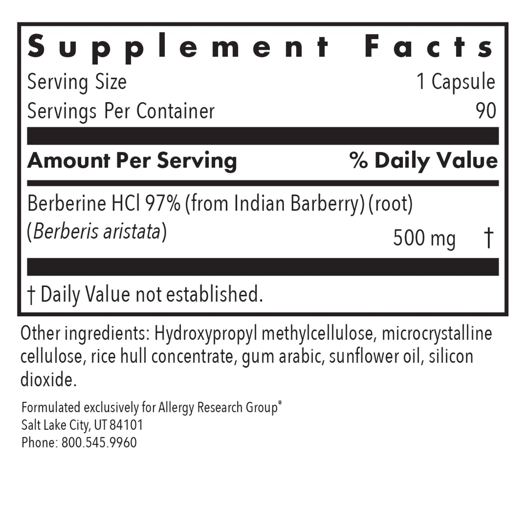 Foto 4 pulgar | Suplemento de Berberina Allergy Research Group 500 mg 90 Cápsulas - Venta Internacional