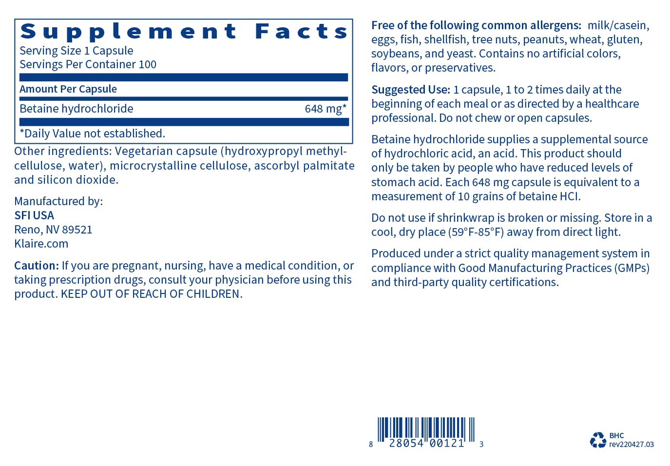 Foto 3 pulgar | Suplemento Klaire Labs Betaína Hcl 648 Mg 100 Cápsulas - Venta Internacional