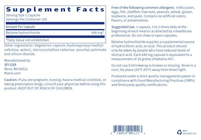 Foto 2 | Suplemento Klaire Labs Betaína Hcl 648 Mg 100 Cápsulas - Venta Internacional
