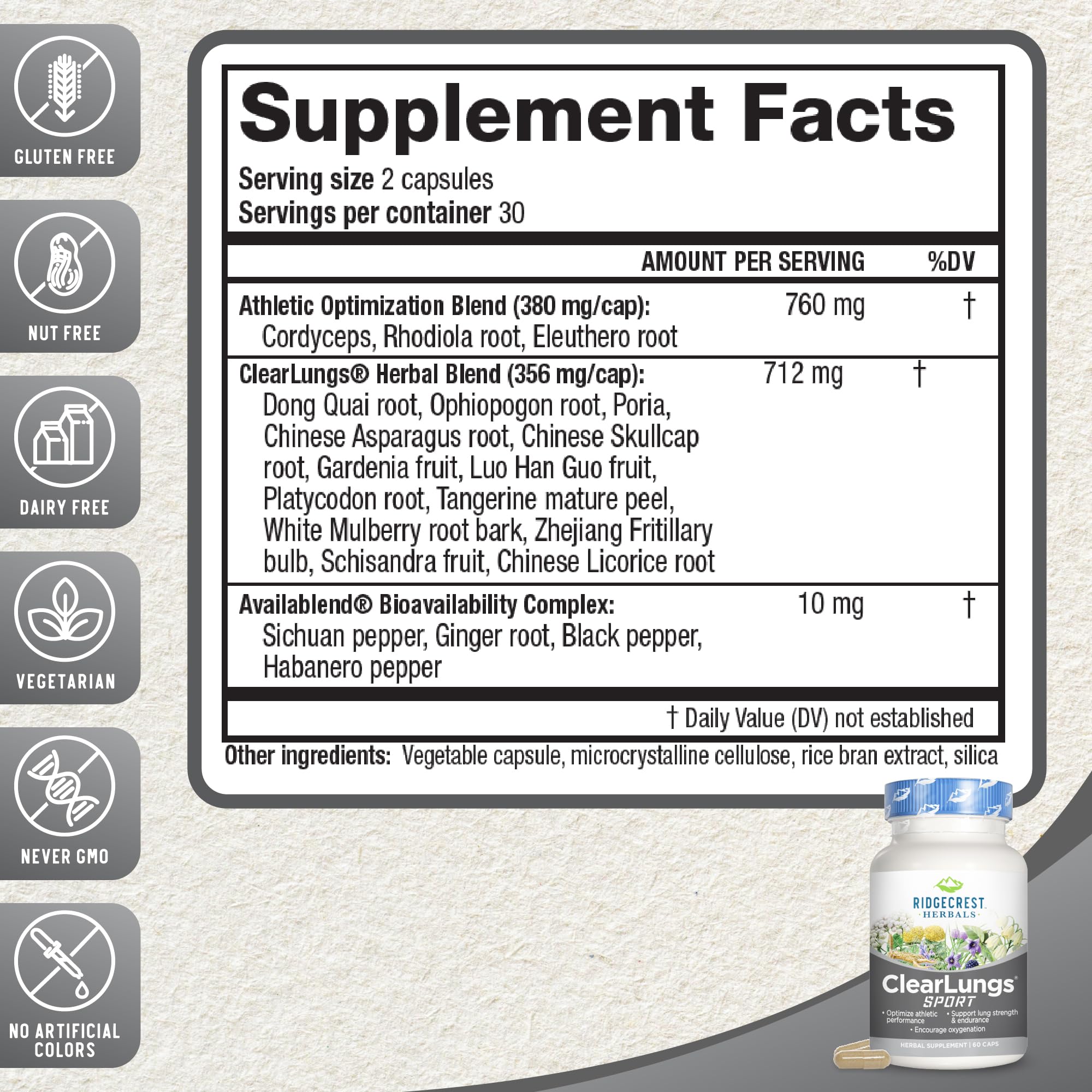 Foto 3 pulgar | Suplemento Ridgecrest Herbals Clearlungs Sport 60 Cápsulas Veganas - Venta Internacional