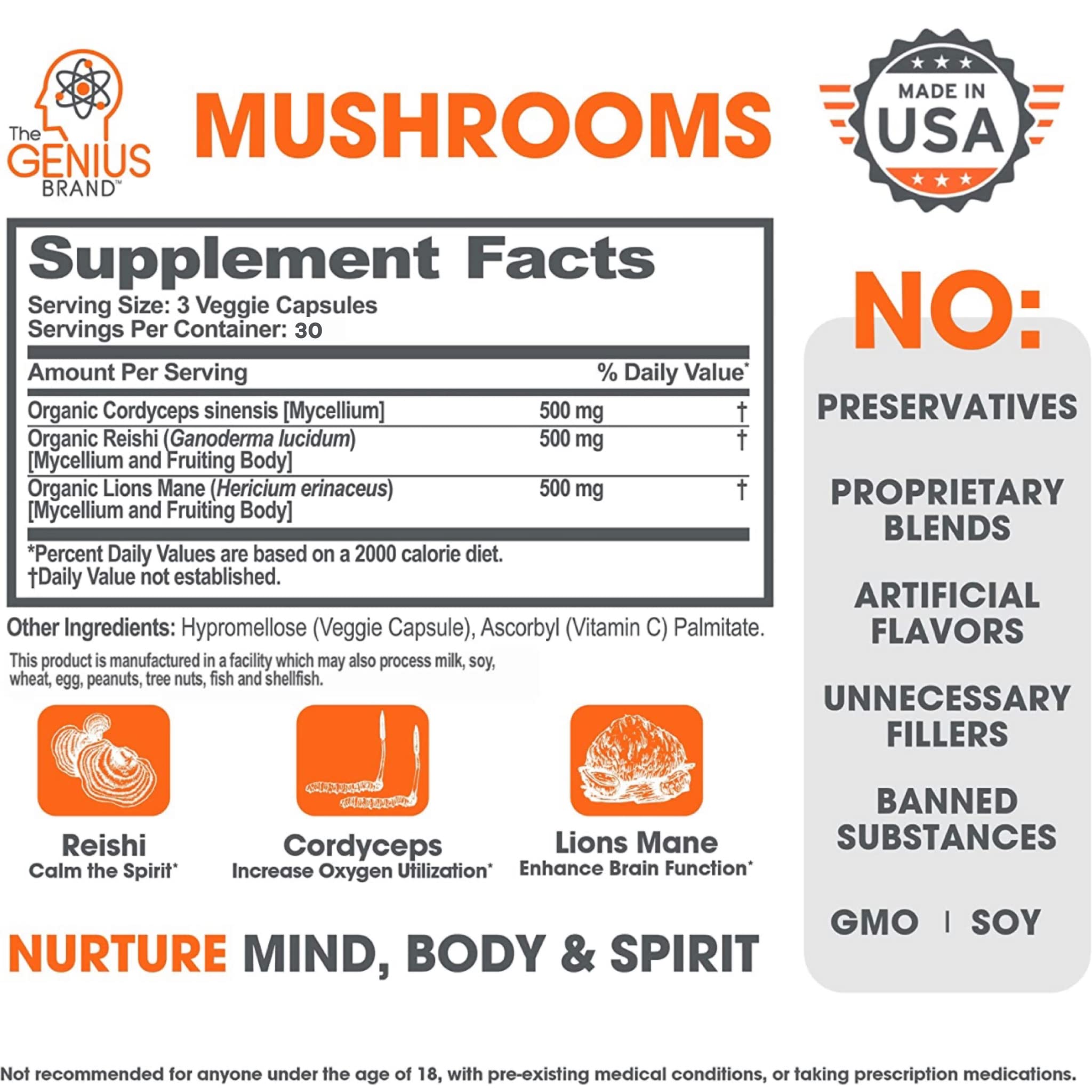 Foto 3 pulgar | Suplemento Genius Mushroom Lions Mane, Cordyceps, Reishi, 90 Pastillas - Venta Internacional.