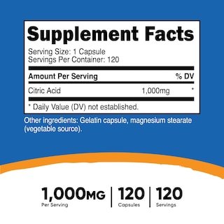 Foto 2 | Suplemento Nutricost Ácido Cítrico 1000 Mg 120 Cápsulas - Venta Internacional