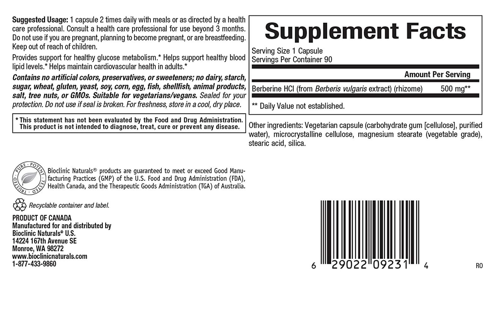 Foto 3 pulgar | Suplemento Bioclinic Naturals Berberina Hcl 500 Mg 90 Cápsulas - Venta Internacional.
