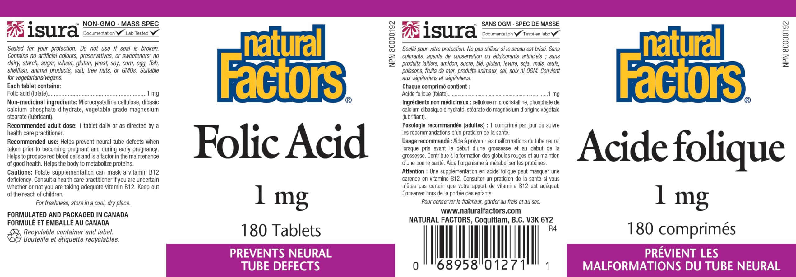 Foto 3 pulgar | Suplemento Natural Factors Folic Acid de 180 Tabletas-Venta Internacional
