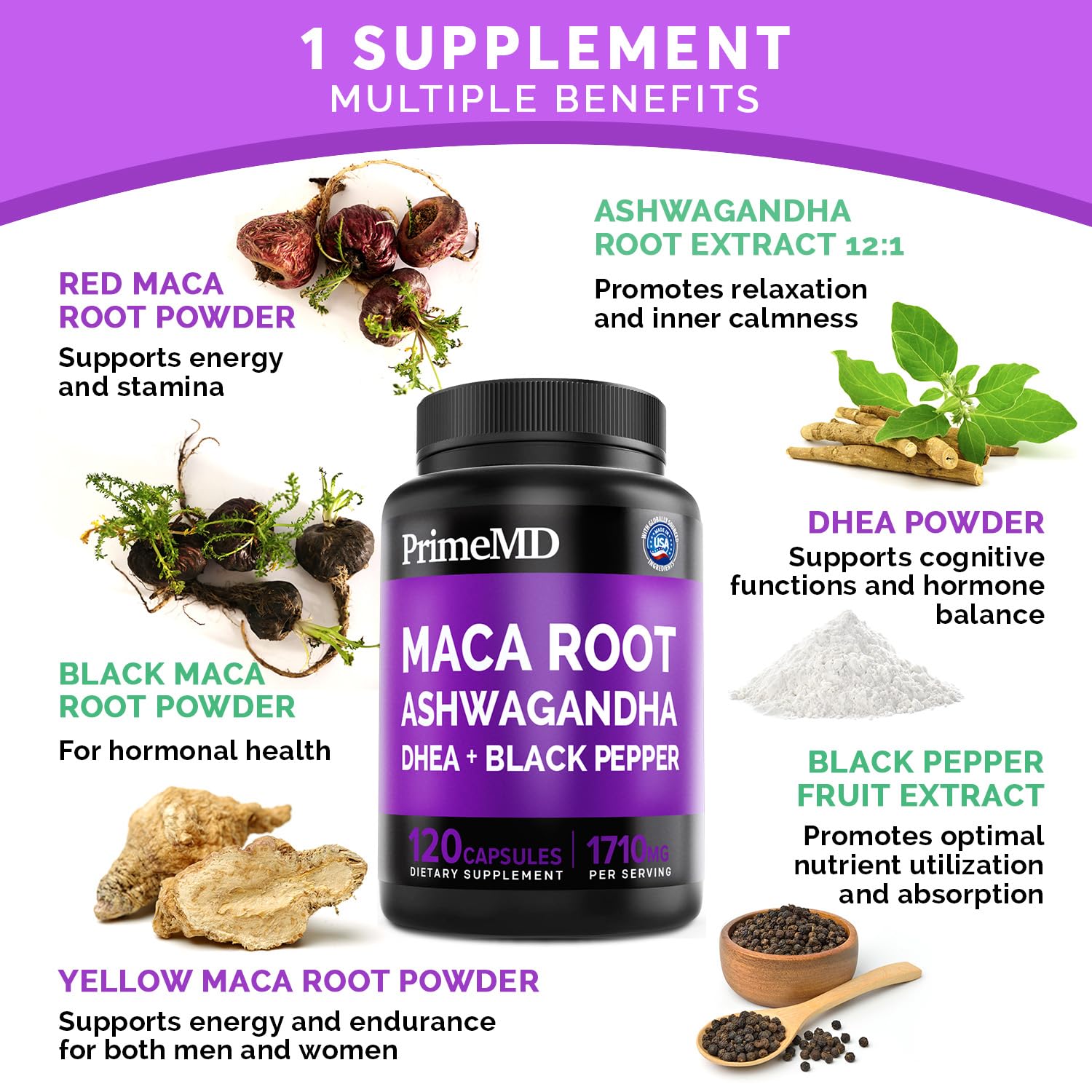 Foto 3 pulgar | Suplemento Primemd Raíz De Maca Y Ashwagandha 1710 Mg 360 Cápsulas - Venta Internacional.