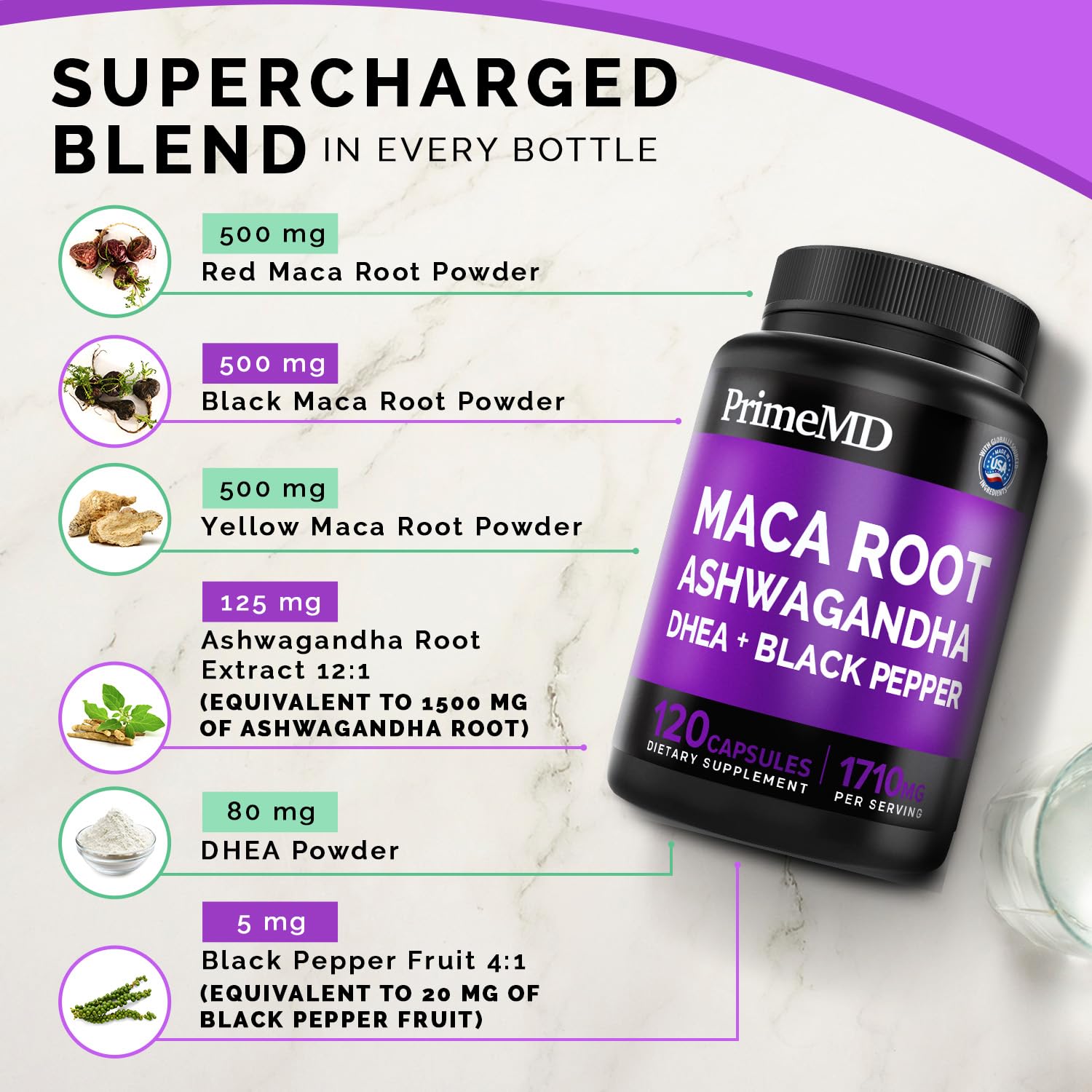 Foto 3 | Suplemento Primemd Raíz De Maca Y Ashwagandha 1710 Mg 360 Cápsulas - Venta Internacional.