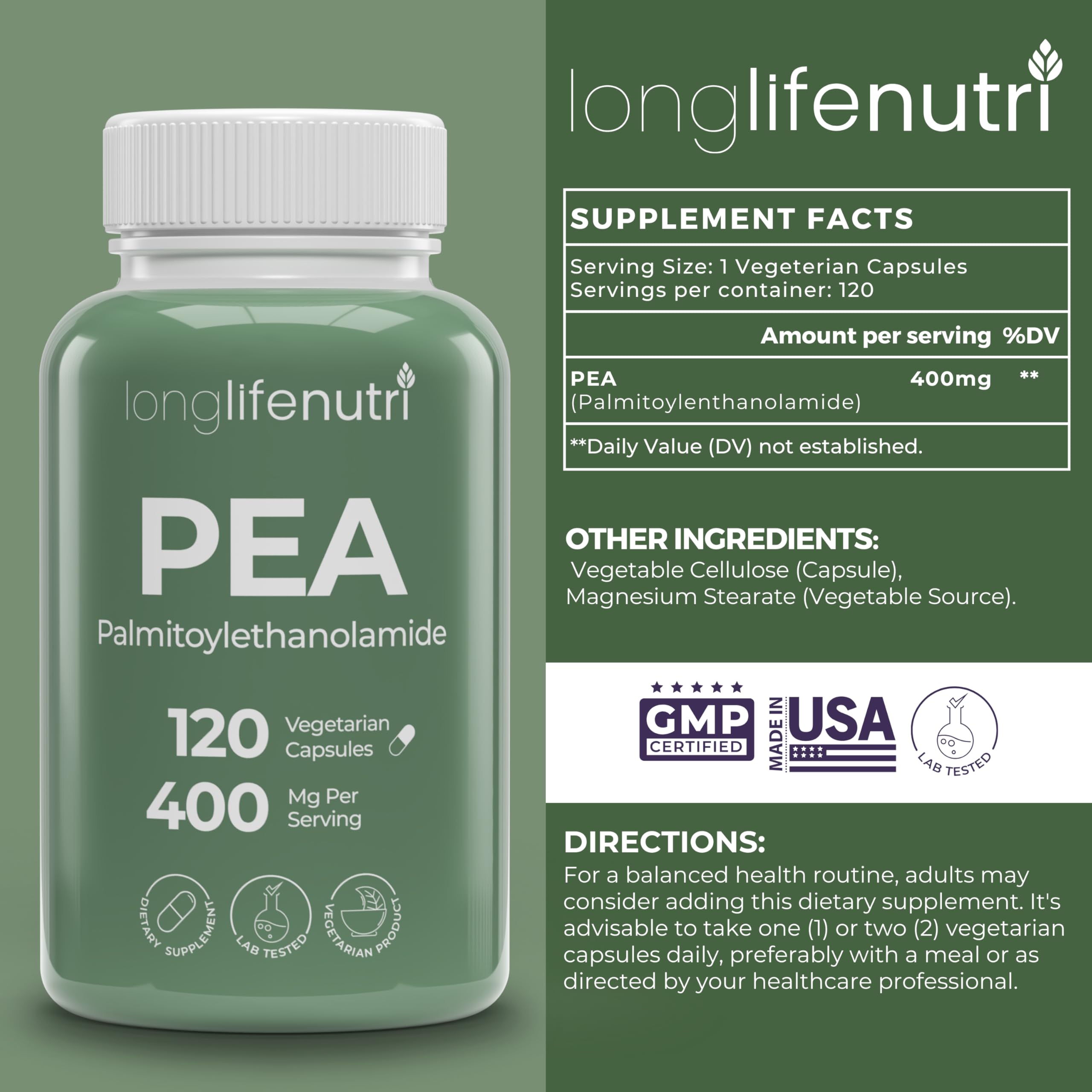 Foto 3 pulgar | Suplemento Longlifenutri Palmitoiletanolamida 400 Mg 120 Cápsulas - Venta Internacional.
