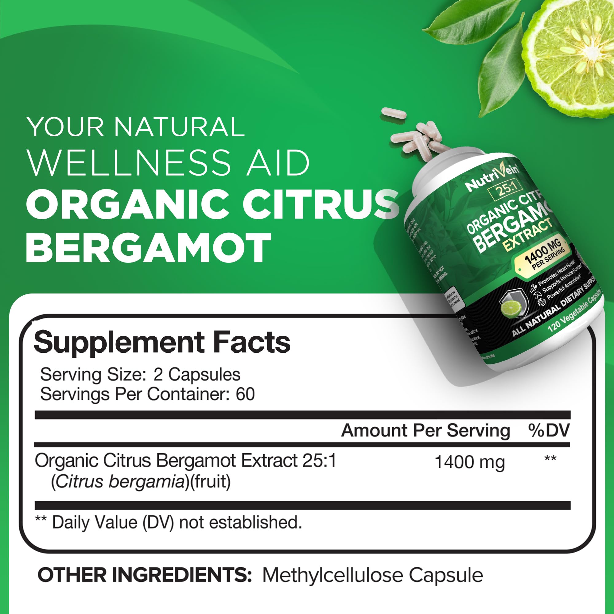 Foto 3 pulgar | Suplemento Nutrivein: Extracto Orgánico De Bergamota Cítrica, 1400 Mg - Venta Internacional.