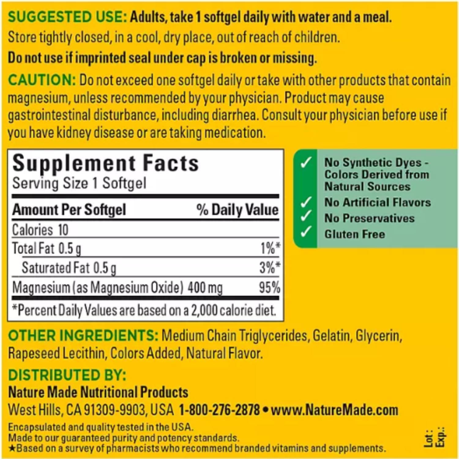 Foto 8 pulgar | Suplemento Alimenticio Magnesio 400 Mg Óxido Nature Made 180 Cápsulas - Venta Internacional