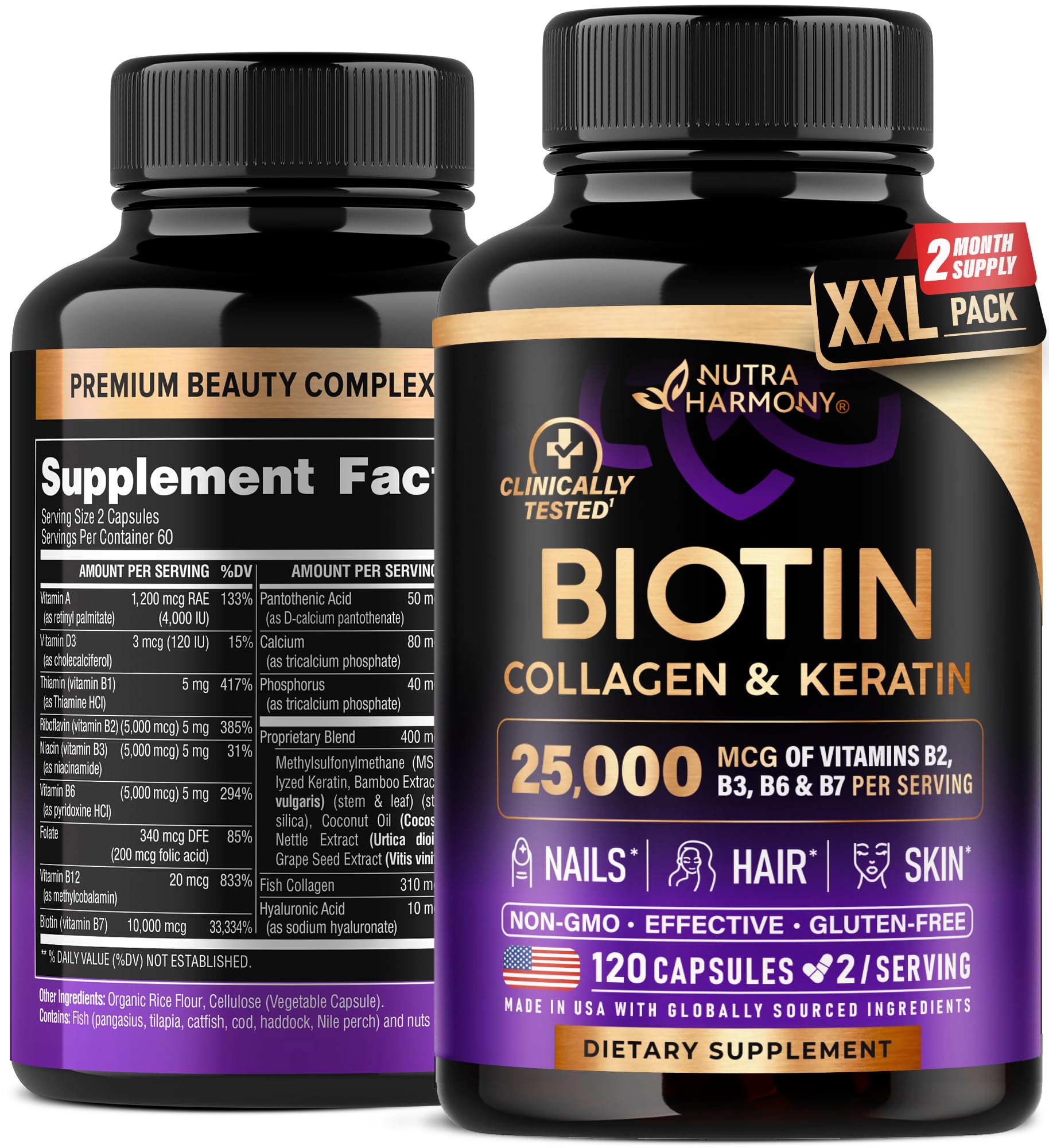 Foto 2 pulgar | Suplemento Nutraharmony, Biotina, Colágeno Y Queratina, 25000 Mcg - Venta Internacional.
