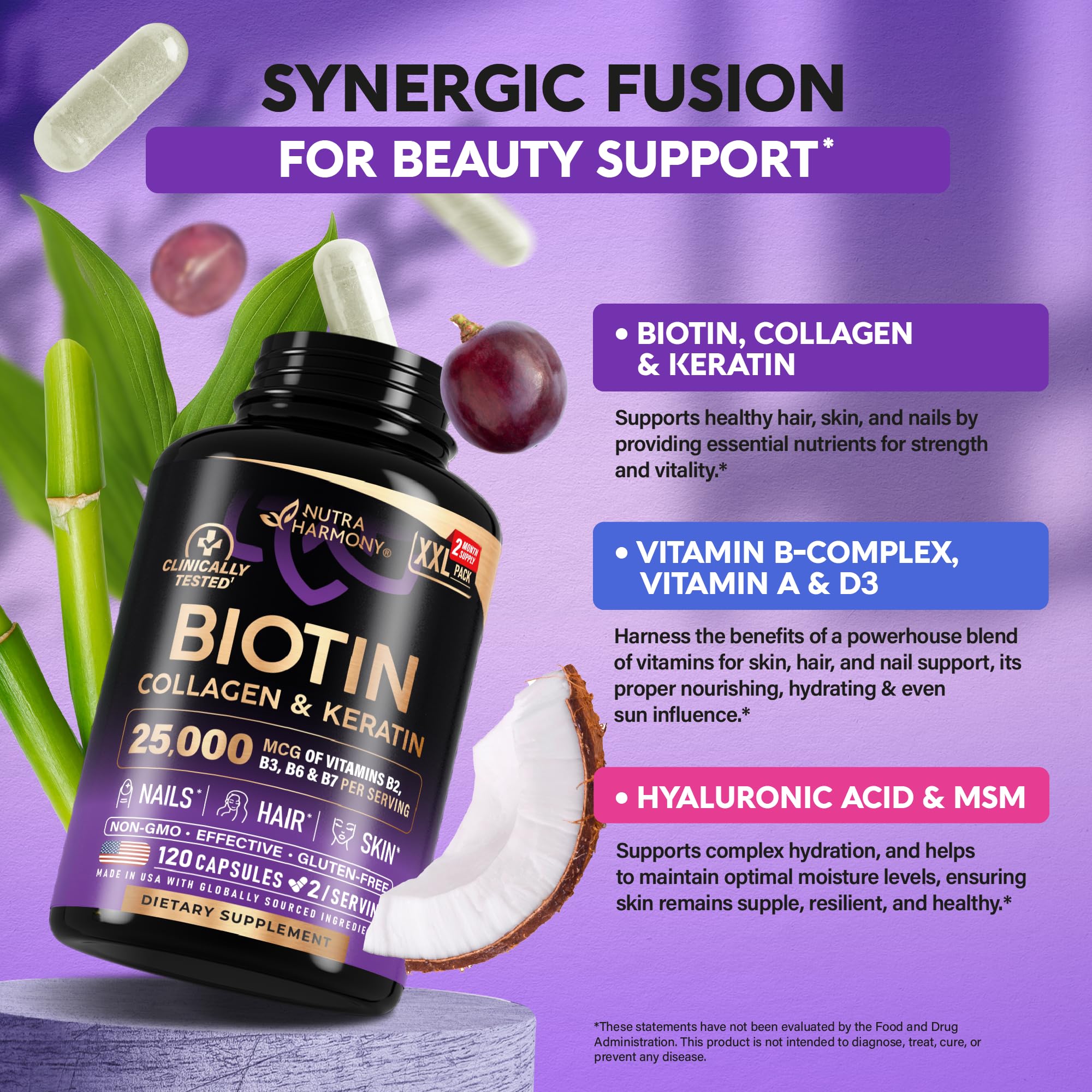 Foto 4 pulgar | Suplemento Nutraharmony, Biotina, Colágeno Y Queratina, 25000 Mcg - Venta Internacional.