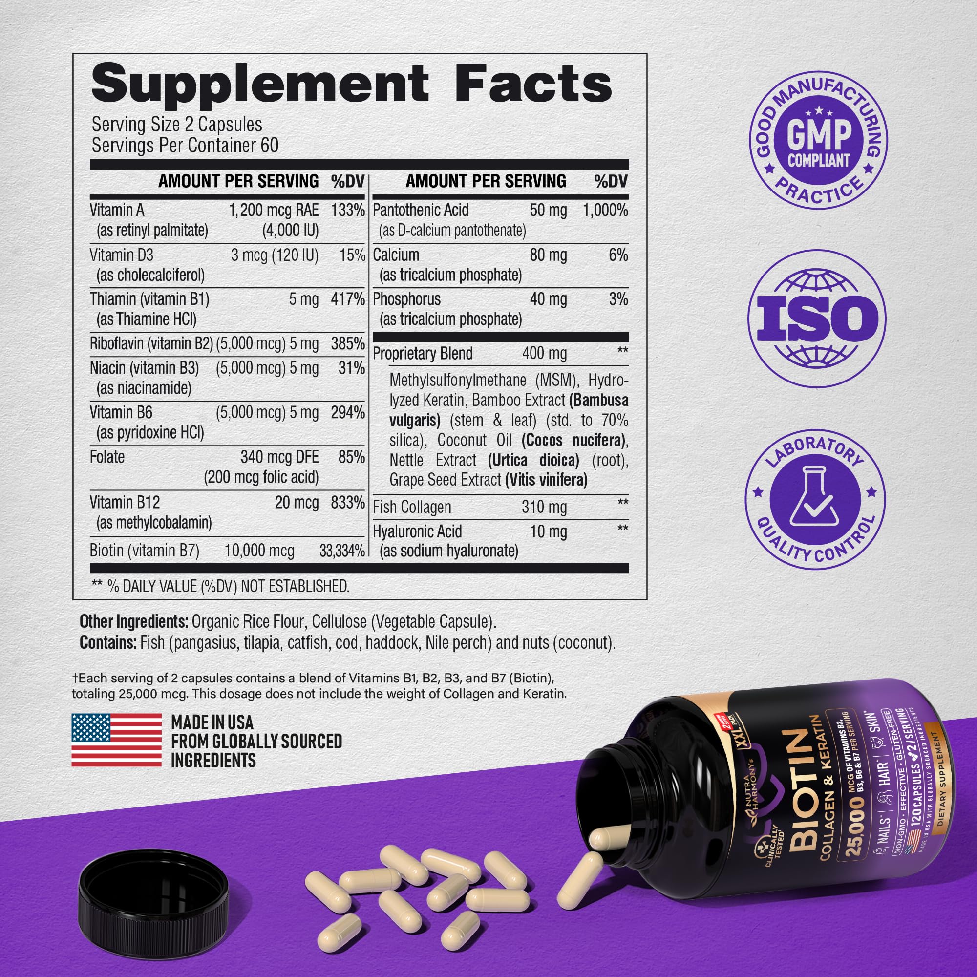 Foto 7 pulgar | Suplemento Nutraharmony, Biotina, Colágeno Y Queratina, 25000 Mcg - Venta Internacional.