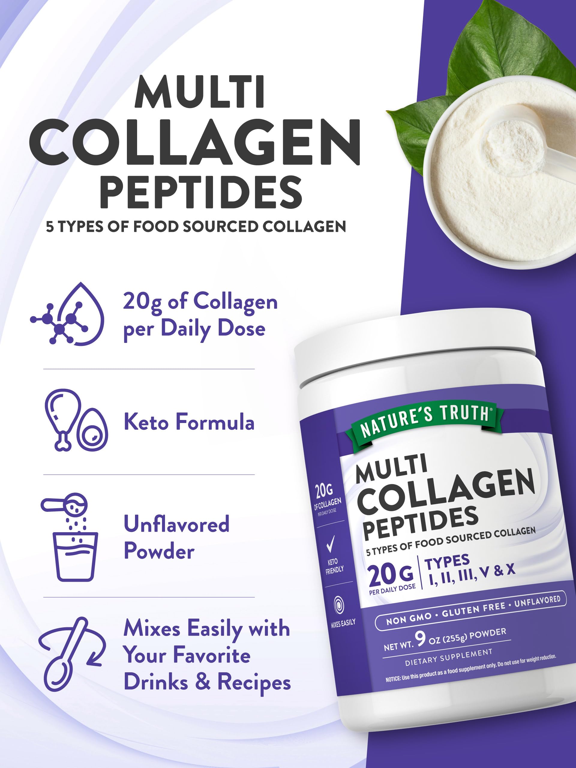 Foto 5 | Péptido De Colágeno En Polvo Nature's Truth Multi 265 Ml, Tipo I, Ii, Iii, V, X - Venta Internacional.