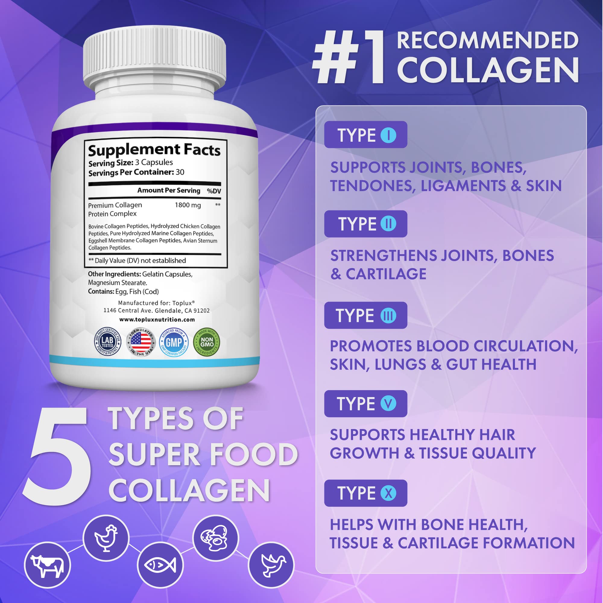 Foto 5 pulgar | Suplemento Toplux Multi Collagen Peptides 1800 Mg 90 Cápsulas - Venta Internacional.