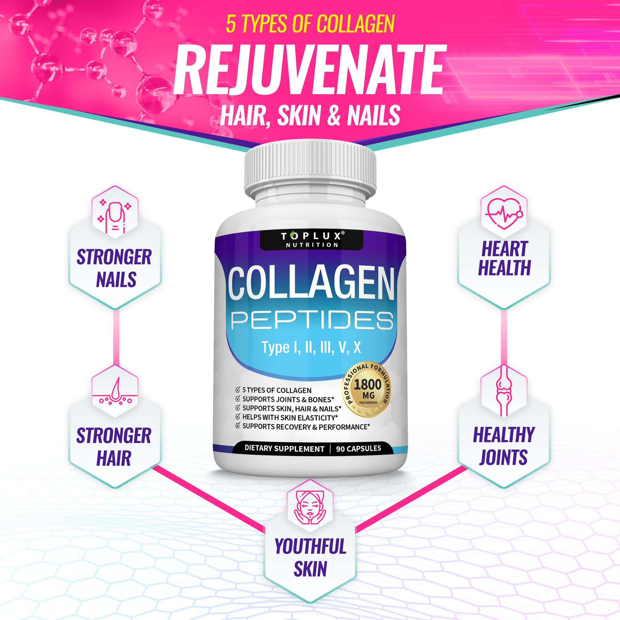 Foto 6 pulgar | Suplemento Toplux Multi Collagen Peptides 1800 Mg 90 Cápsulas - Venta Internacional.