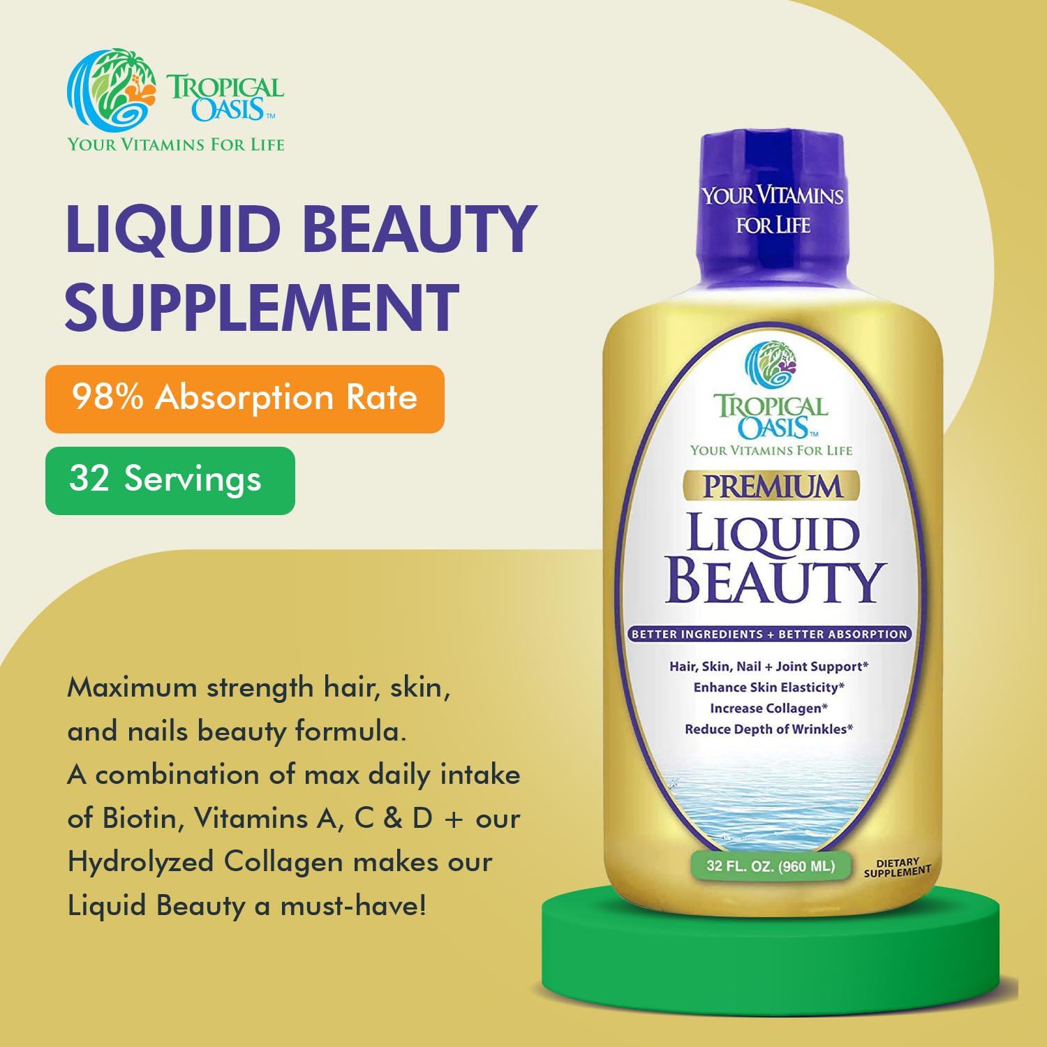 Foto 8 pulgar | Suplemento Tropical Oasis Liquid Beauty Biotina Colágeno 32 Ml - Venta Internacional.