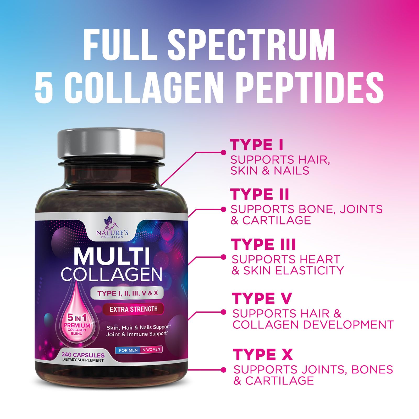 Foto 4 pulgar | Suplemento De Péptidos De Colágeno Nature's Nutrition 240 Cápsulas - Venta Internacional.