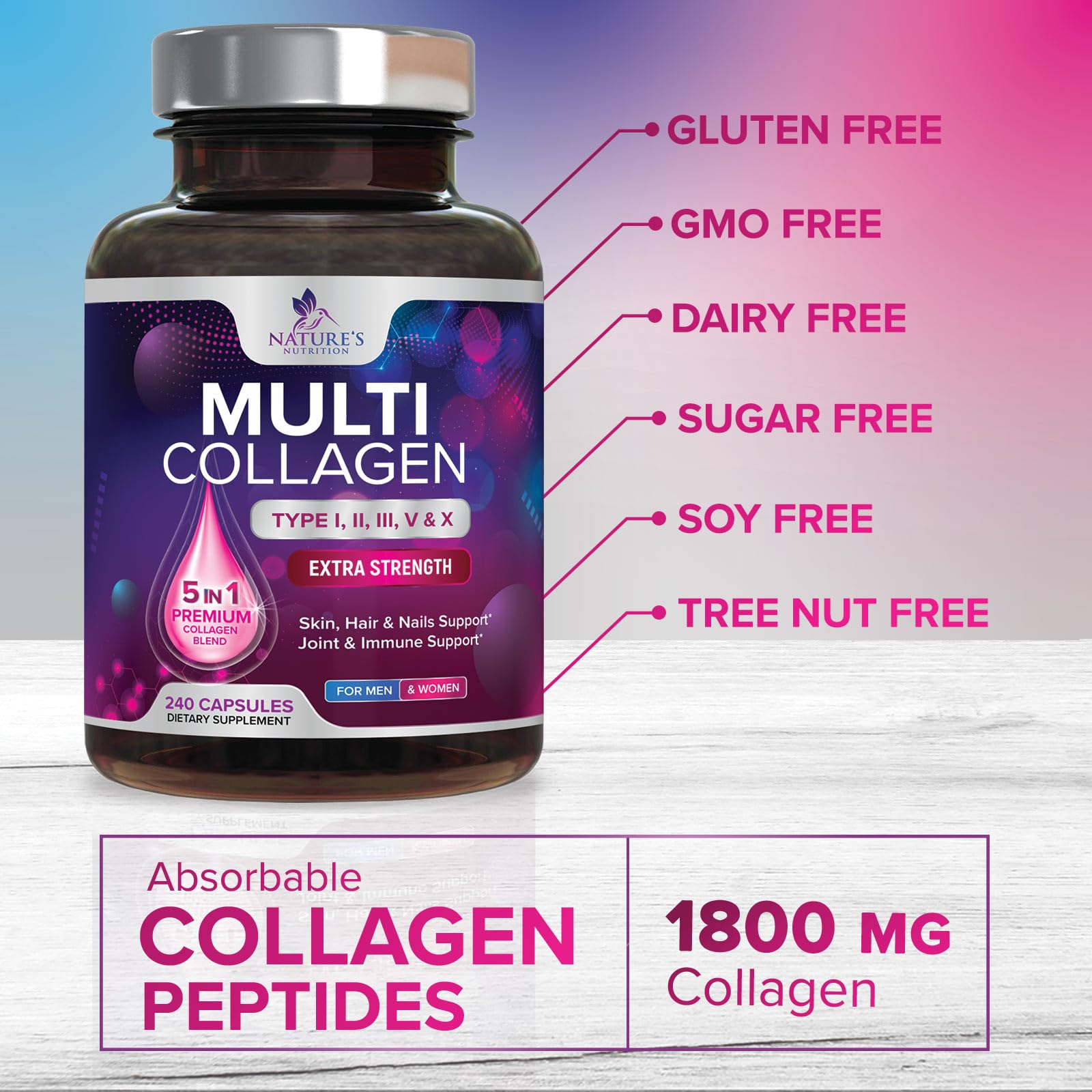 Foto 6 | Suplemento De Péptidos De Colágeno Nature's Nutrition 240 Cápsulas - Venta Internacional.