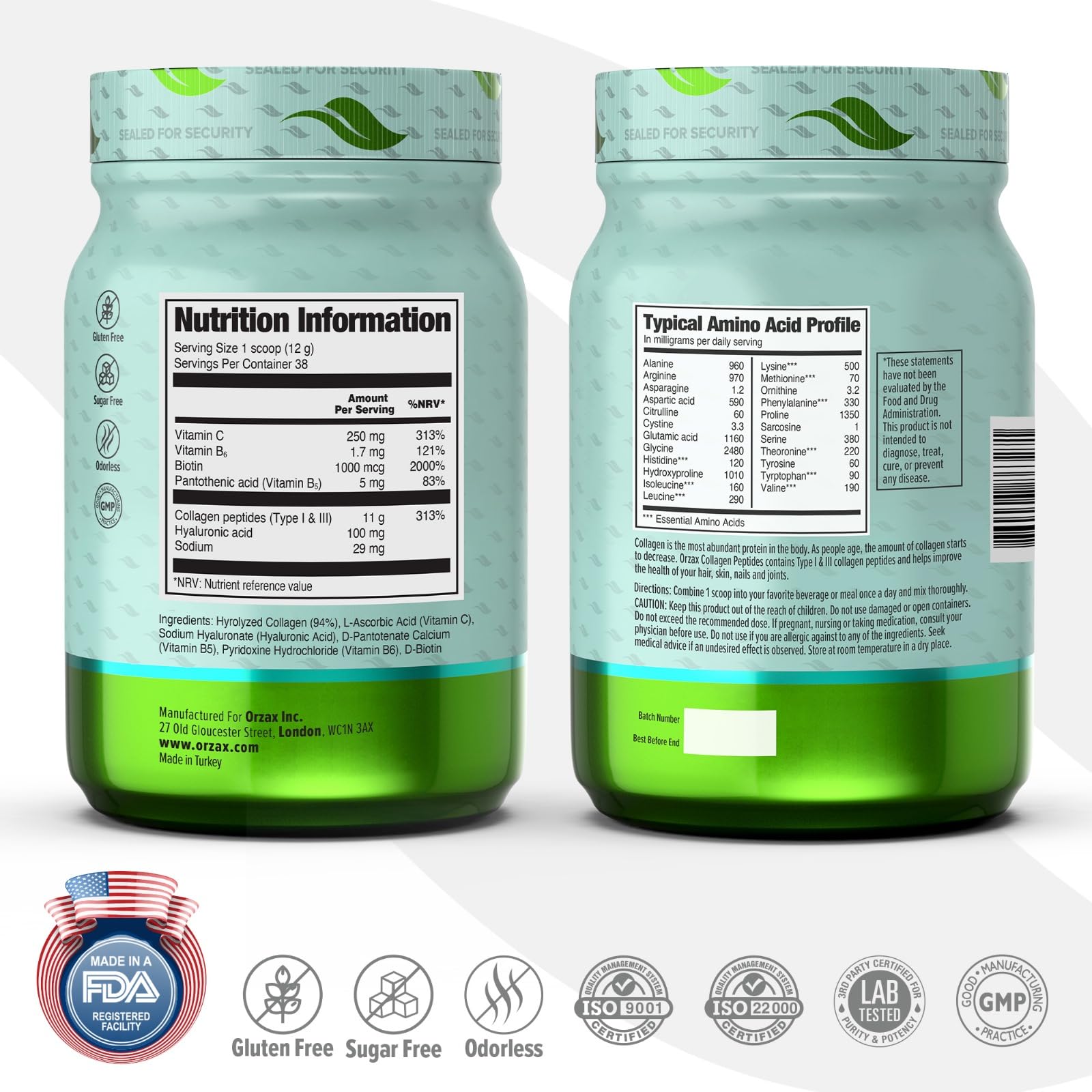 Foto 3 pulgar | Péptidos De Colágeno En Polvo Orzax 11 G Tipo I Y Iii Con Biotina 480 Ml - Venta Internacional.