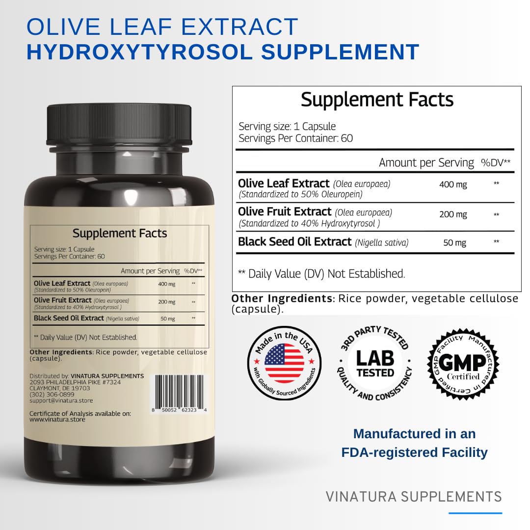 Foto 3 pulgar | Suplemento Vinatura Con Extracto De Hoja De Olivo, Hidroxitirosol, 60 Cápsulas - Venta Internacional.