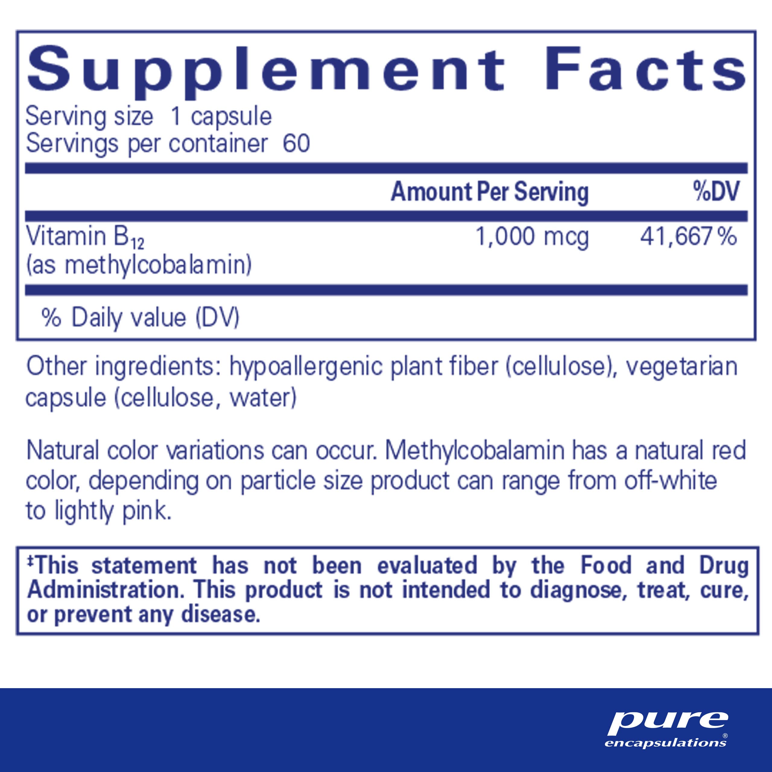 Foto 2 | Suplemento Pure Encapsulations De Metilcobalamina, 1000 Mcg De Vitamina B12 - Venta Internacional.