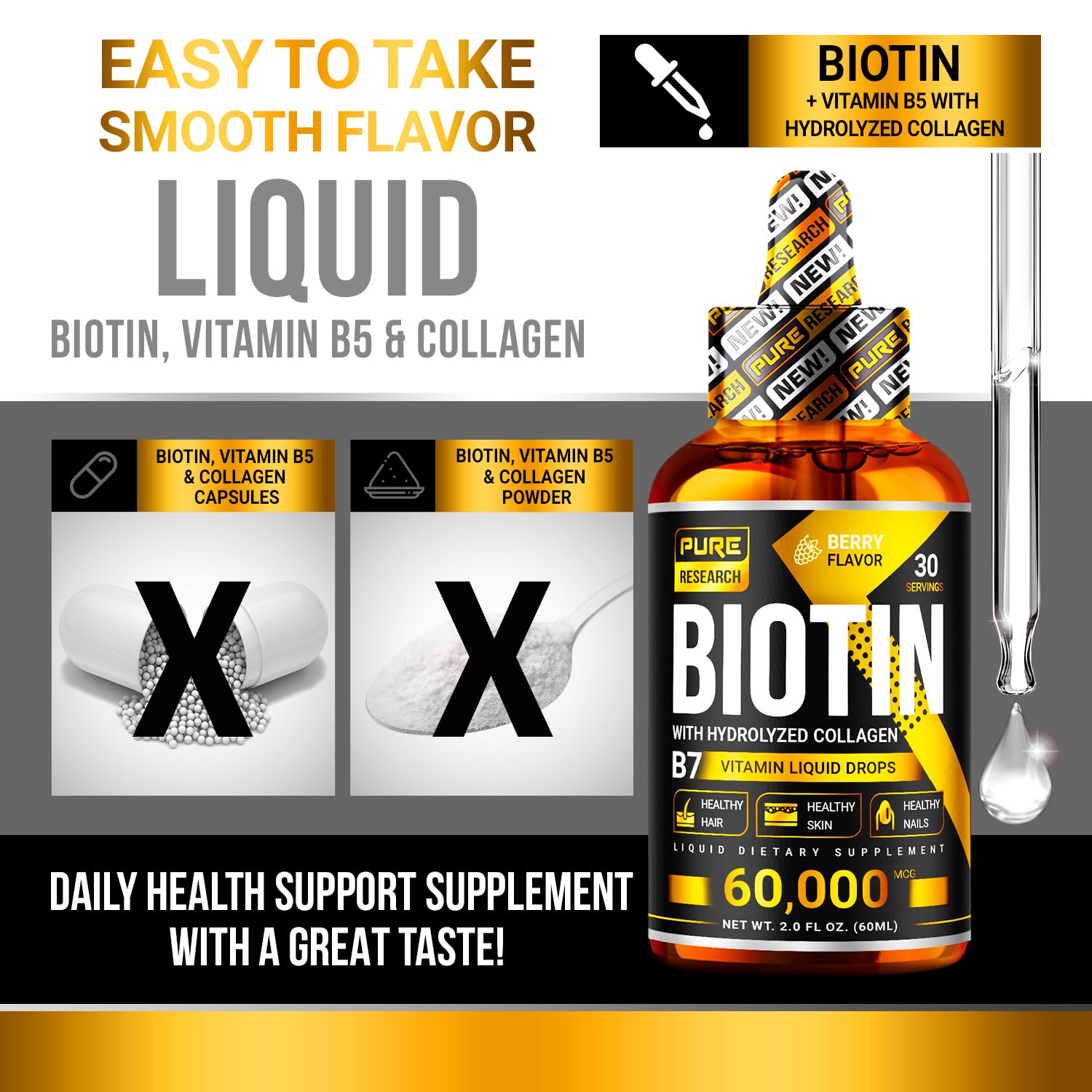 Foto 3 pulgar | Suplemento Pure Research Liquid Biotina Y Colágeno 60 Ml - Venta Internacional.