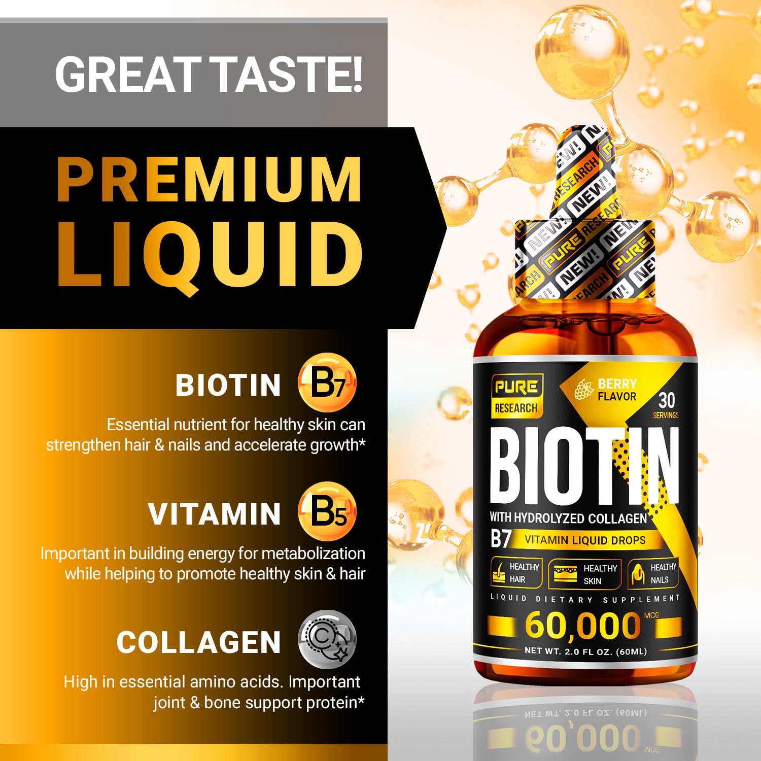 Foto 4 pulgar | Suplemento Pure Research Liquid Biotina Y Colágeno 60 Ml - Venta Internacional.