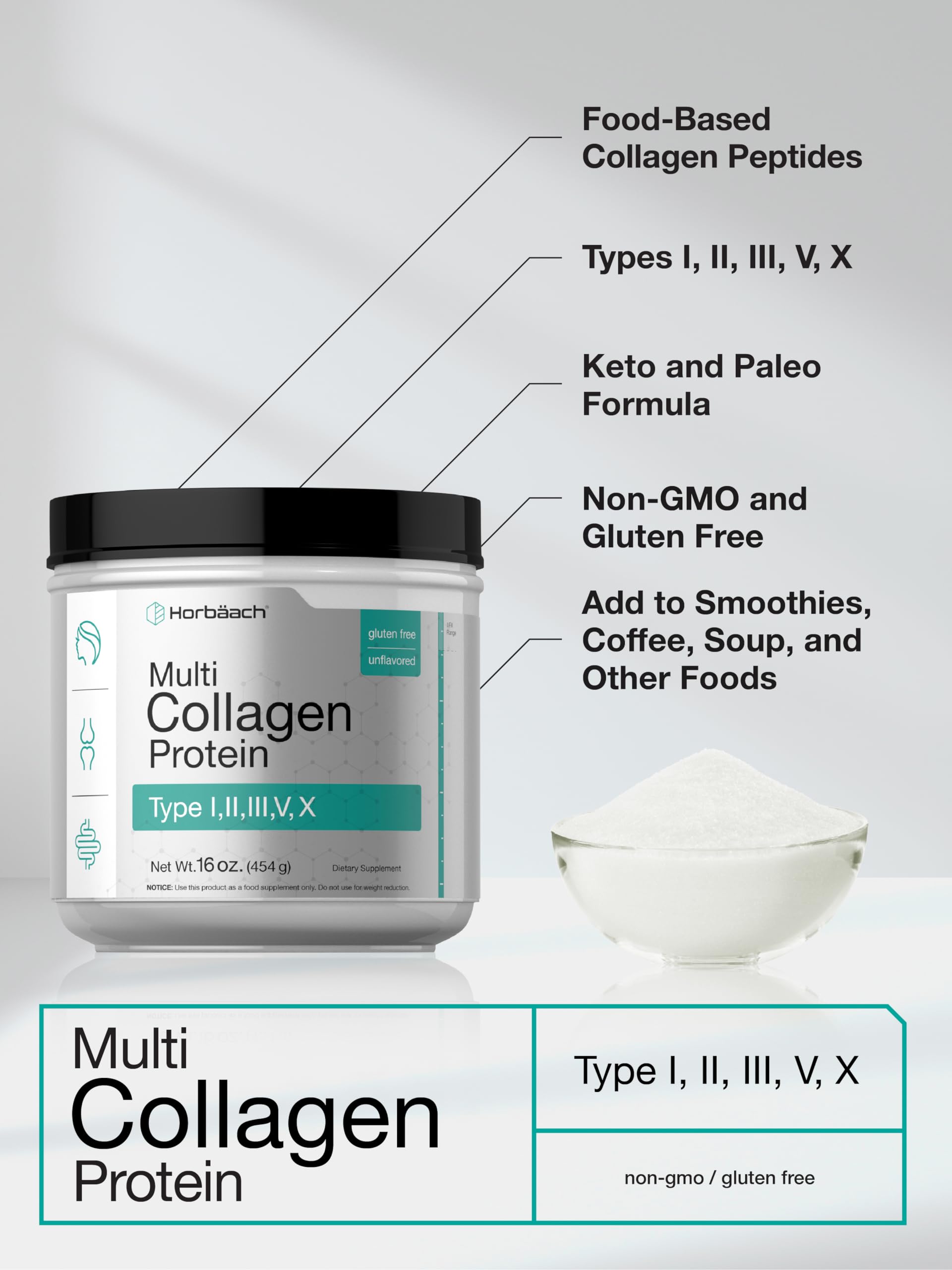 Foto 5 pulgar | Proteína De Colágeno En Polvo Horbäach Multi 473 Ml Tipo I, Ii, Iii, V, X - Venta Internacional.