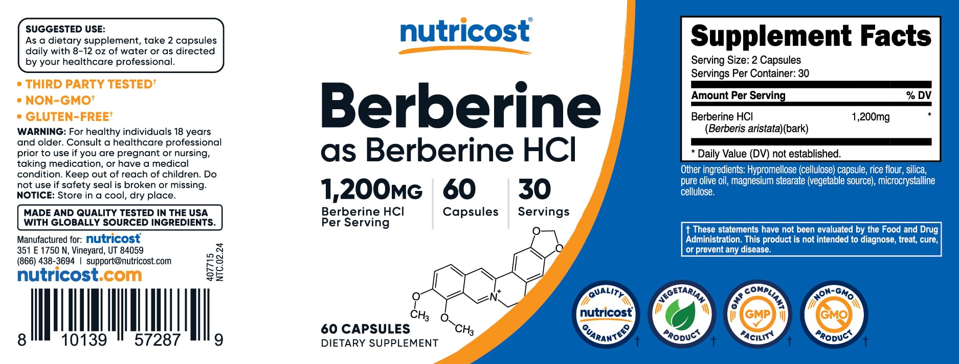 Foto 7 pulgar | Suplemento Nutricost Berberine Hcl 600 Mg 60 Cápsulas - Venta Internacional.