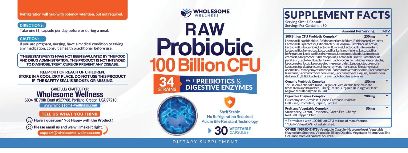 Foto 3 pulgar | Suplemento De Probióticos Wholesome Wellness, 100 Mil Millones De Cfu, 30 Cápsulas - Venta Internacional.