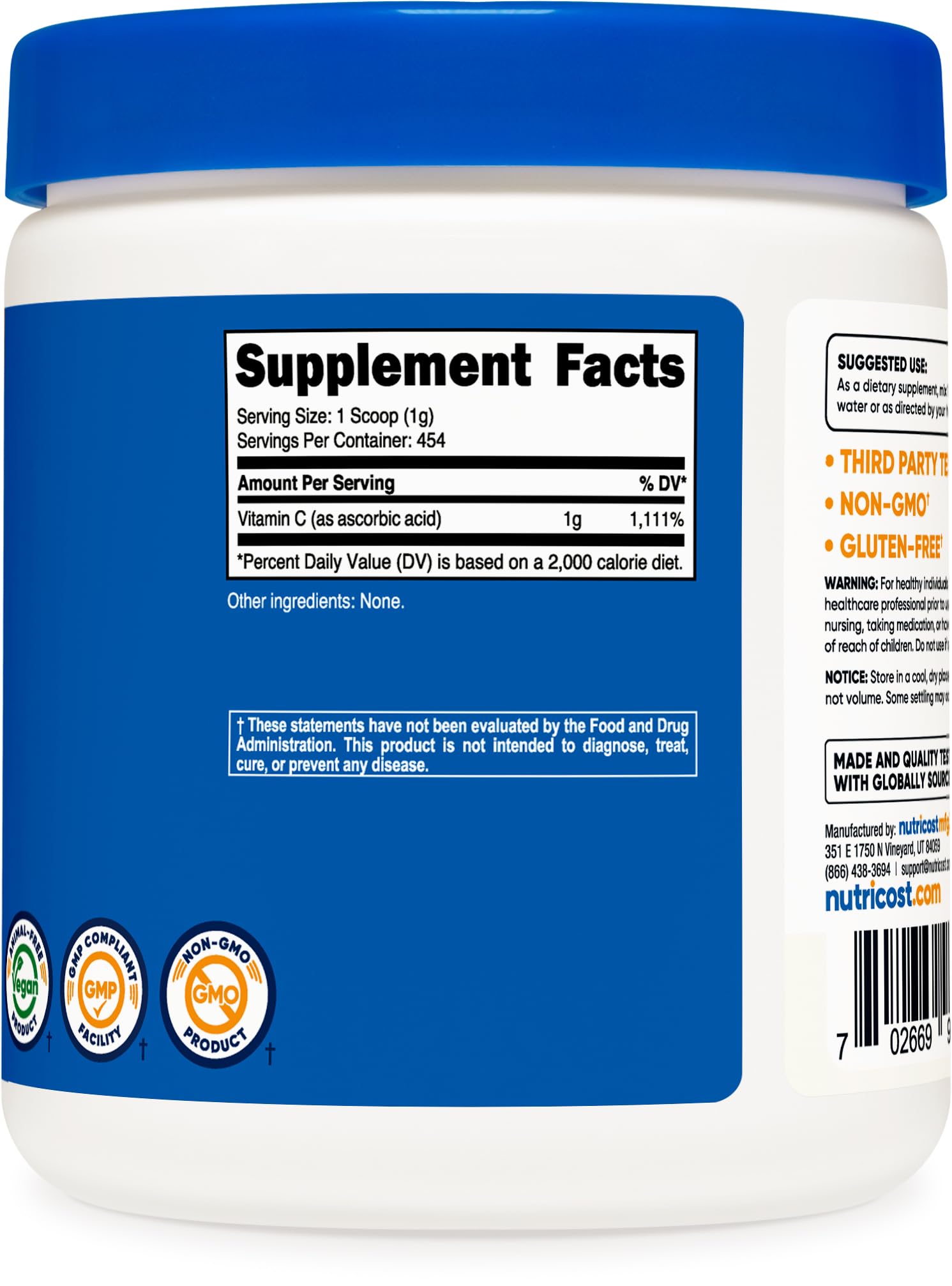 Foto 5 pulgar | Suplemento Nutricost De Ácido Ascórbico Puro En Polvo, 454 G - Venta Internacional.