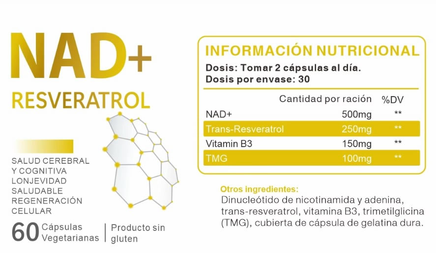 Foto 3 pulgar | Suplemento NAD+ 500mg  con Resveratrol y sus Potentes Activos 60V caps Aumenta tu Longevidad