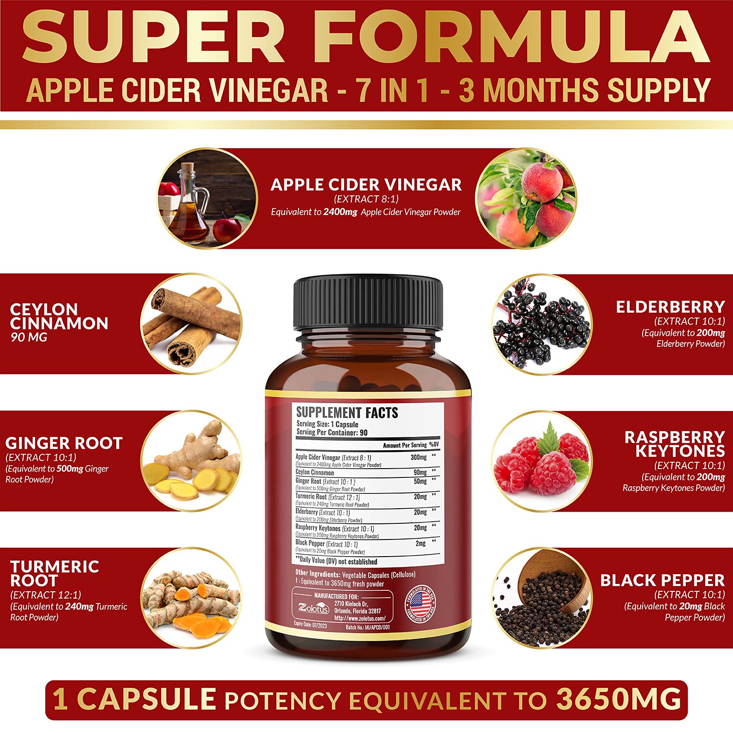 Foto 3 pulgar | Suplemento de Vinagre de Sidra de Manzana Zolotus 3650 mg 7 En 1 90 Cápsulas - Venta Internacional