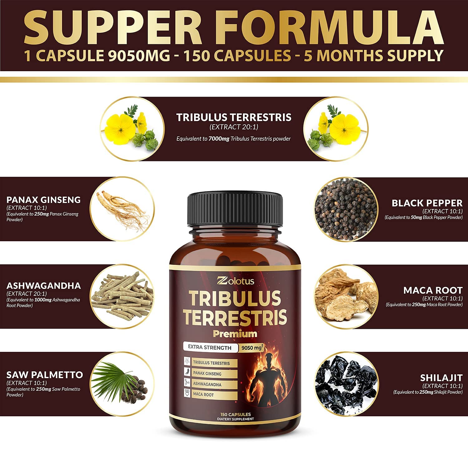 Foto 3 pulgar | Suplemento Zolotus Tribulus Terrestris 9050 Mg 150 Cápsulas Durante 5 Meses - Venta Internacional