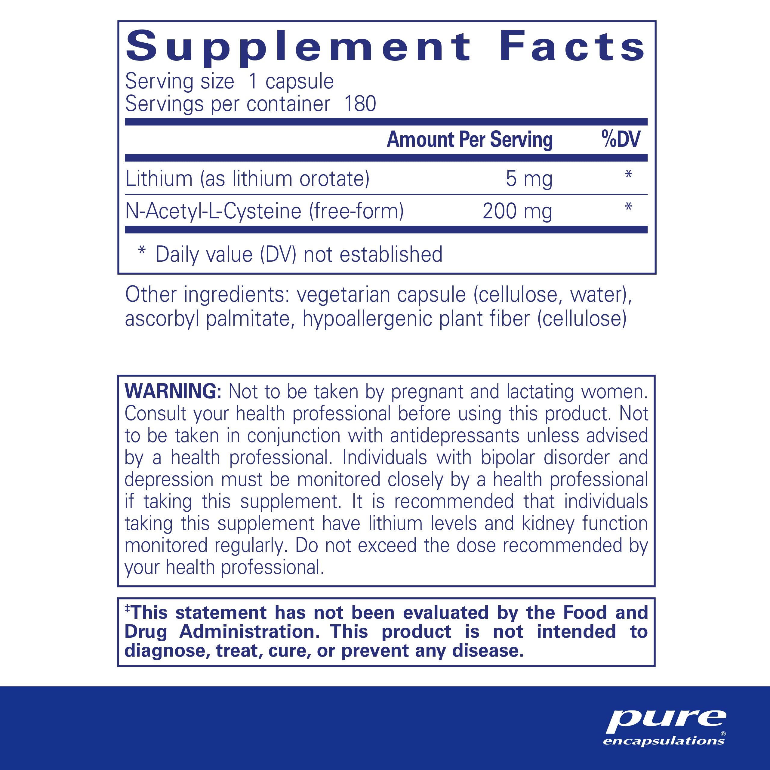 Foto 3 pulgar | Supplement Pure Encapsulations, Orotato De Litio, 5 Mg, 180 Cápsulas - Venta Internacional.
