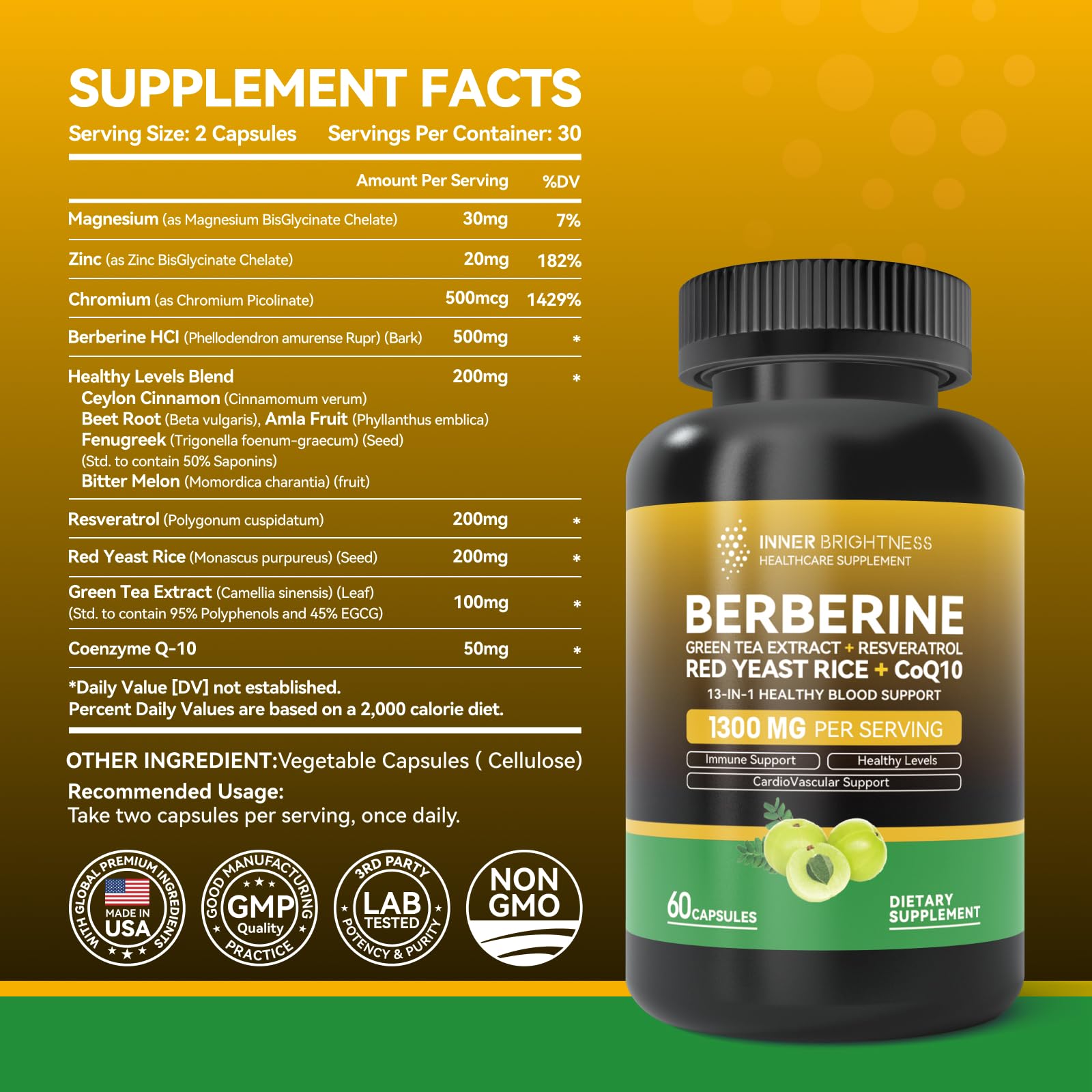 Foto 3 pulgar | Suplemento Inner Brightness Berberine 1300 Mg 60 Cápsulas - Venta Internacional.