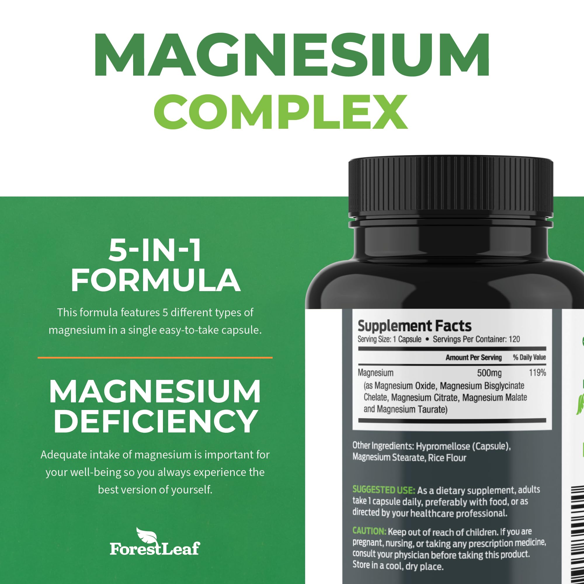 Foto 4 pulgar | Suplemento Forestleaf Magnesium Complex 500 Mg 120 Cápsulas - Venta Internacional.