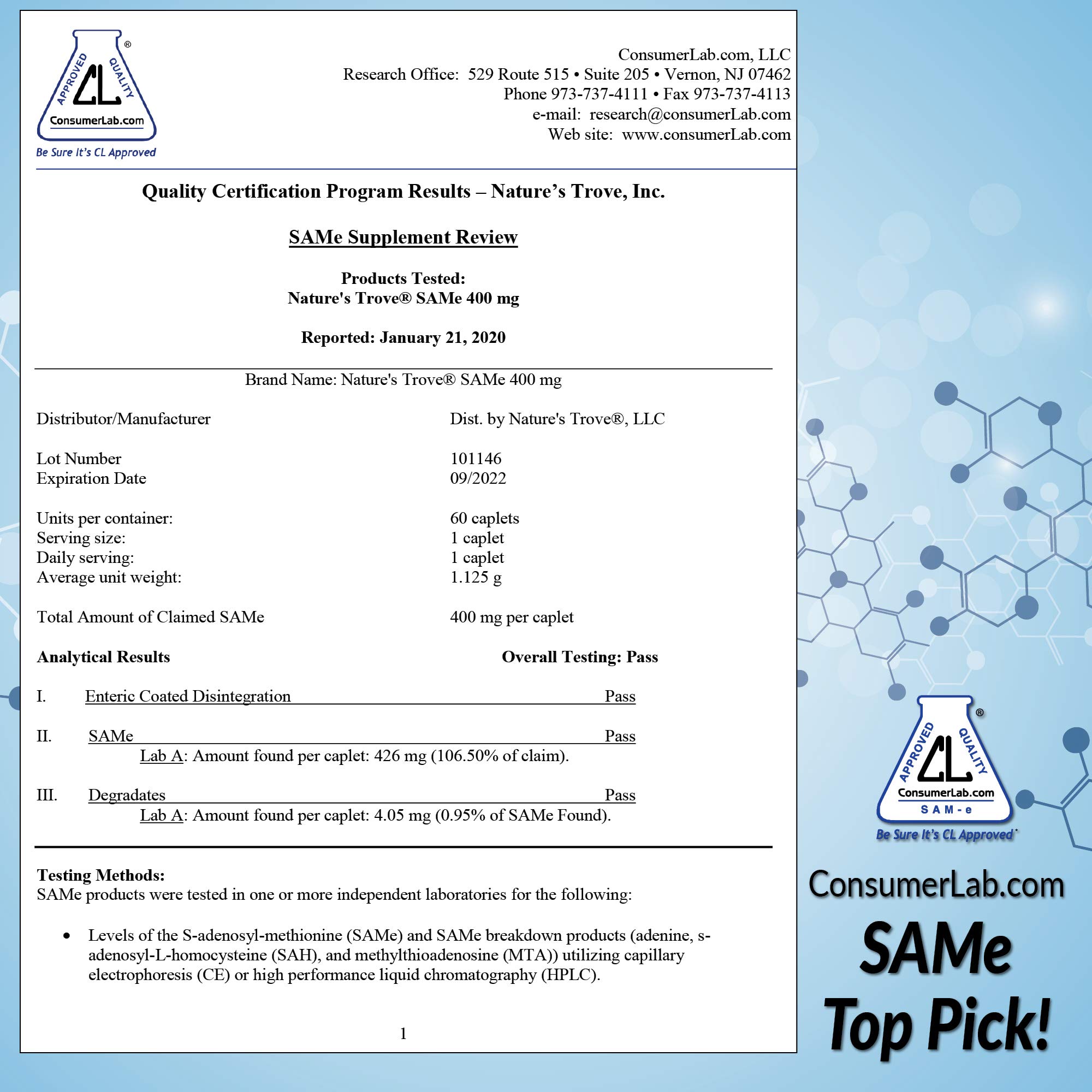 Foto 4 pulgar | Suplemento Nature's Trove Sam-e 400 Mg 30 Comprimidos - Venta Internacional.