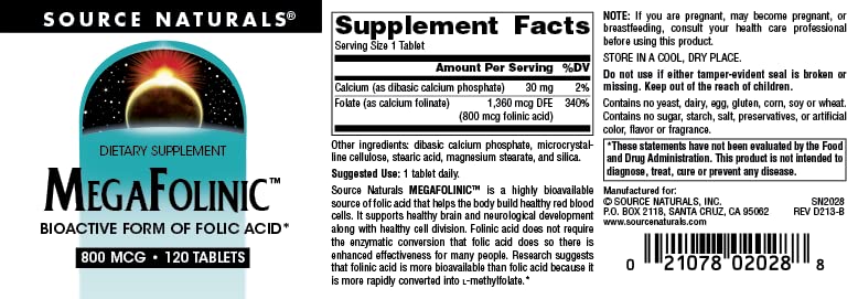 Foto 5 pulgar | Supplement Source Naturals Ácido Fólico Megafolínico 800 Mcg - Venta Internacional.