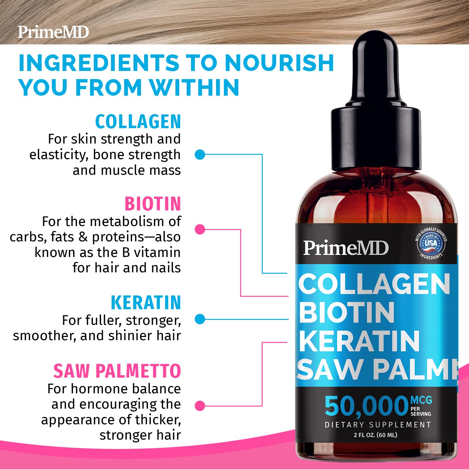 Foto 3 pulgar | Péptidos De Colágeno Líquido Primemd Para Mujeres, 60 Ml Con Biotina - Venta Internacional.