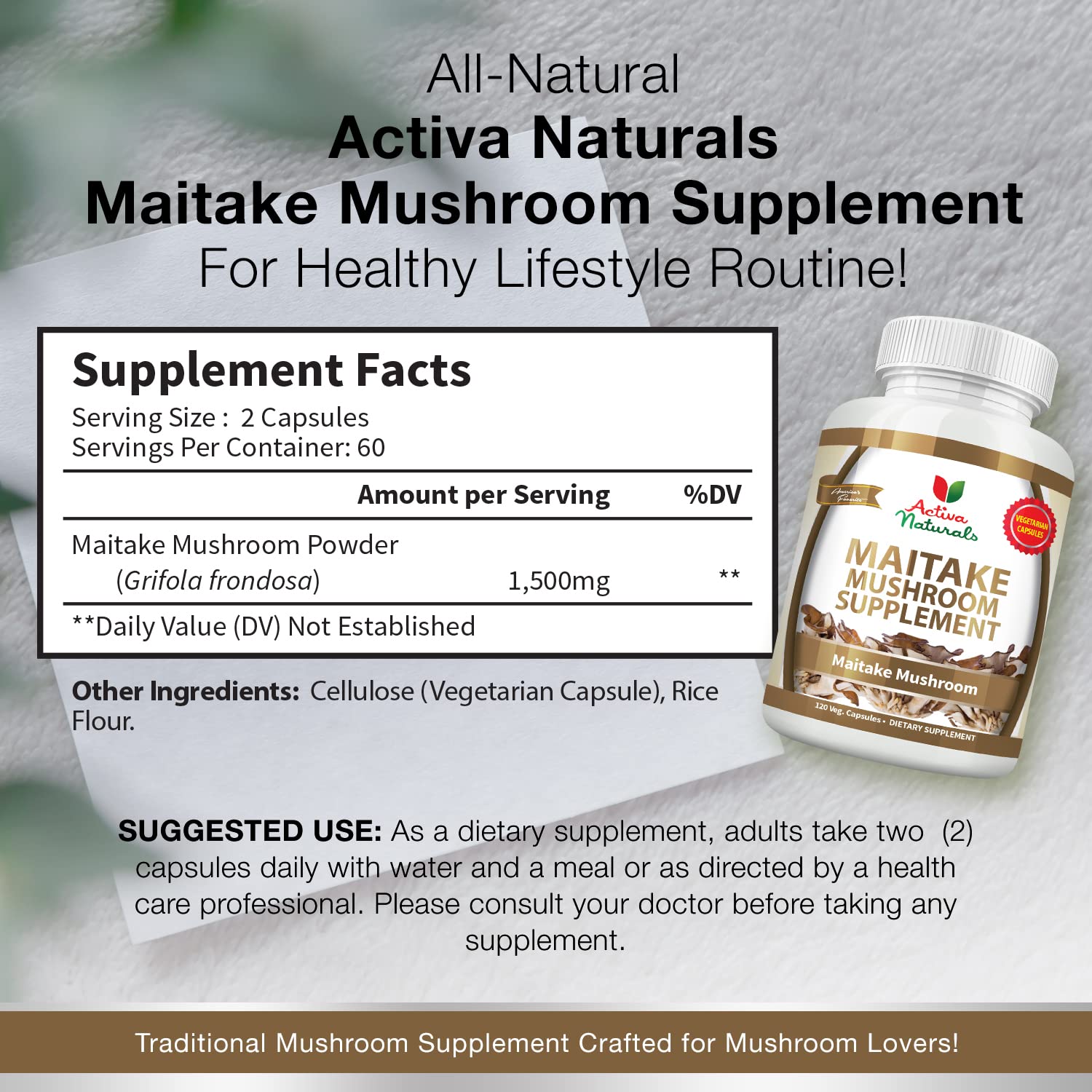 Foto 4 pulgar | Suplemento Activa Naturals Con Hongos Maitake 120 Cápsulas - Venta Internacional.