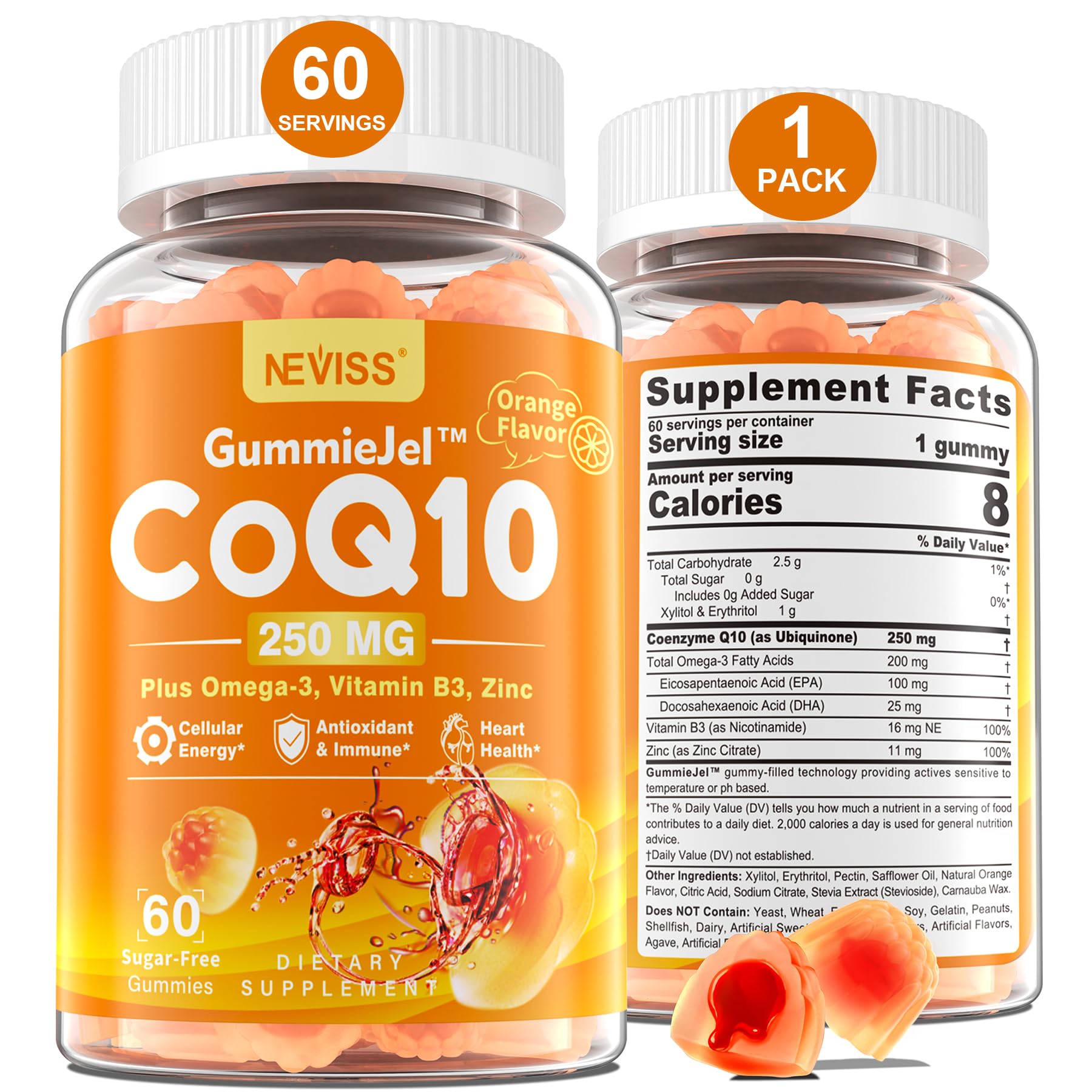 Foto 2 pulgar | Suplementos Neviss Coq10 Gummiejel 250 Mg Con Omega-3 60 Unidades - Venta Internacional.
