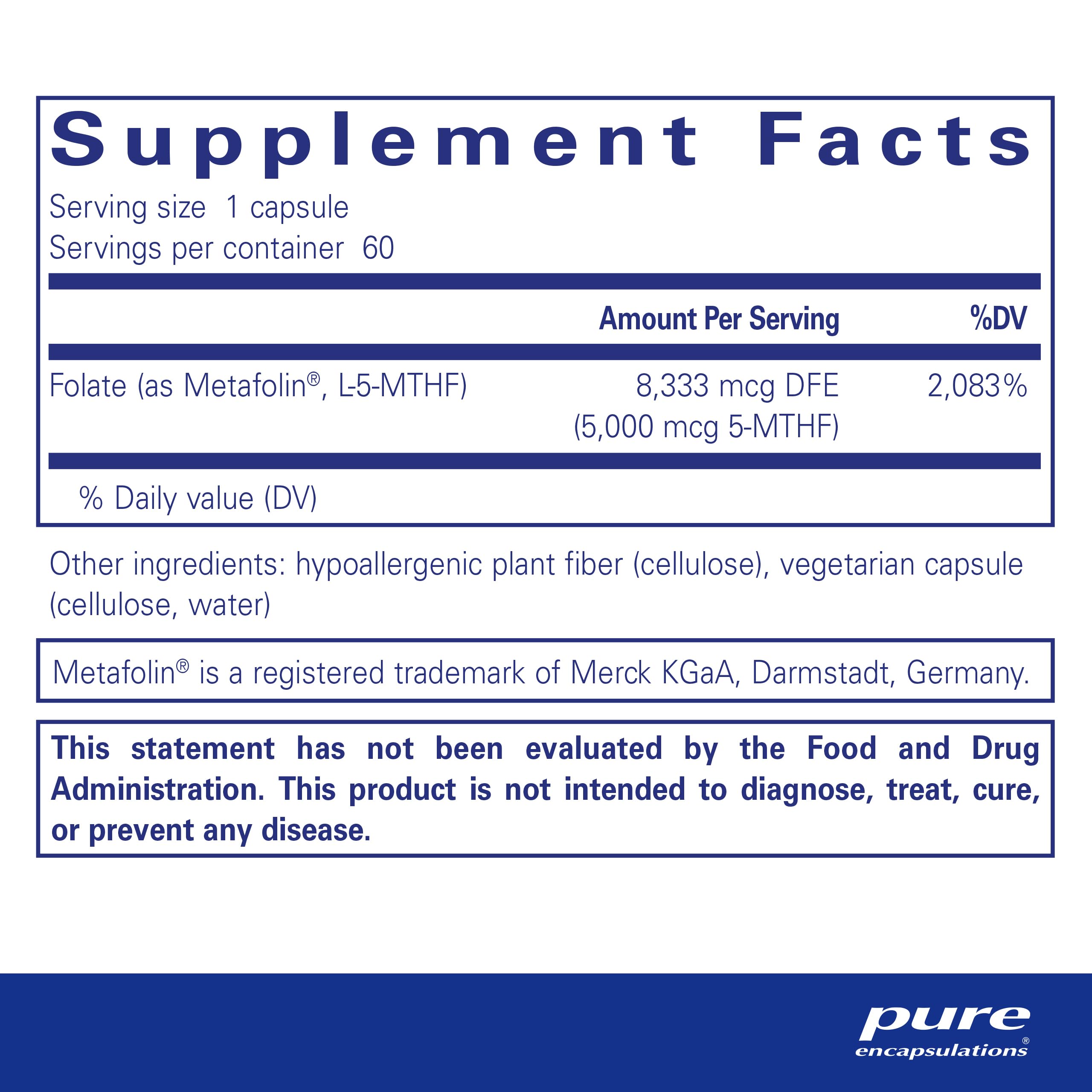 Foto 3 pulgar | Suplemento De Folato Pure Encapsulations 5000 60 Cápsulas - Venta Internacional.