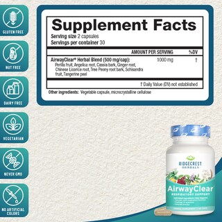 Foto 2 | Suplementos Ridgecrest Herbals Airwayclear Lung Health 60 Cápsulas - Venta Internacional.
