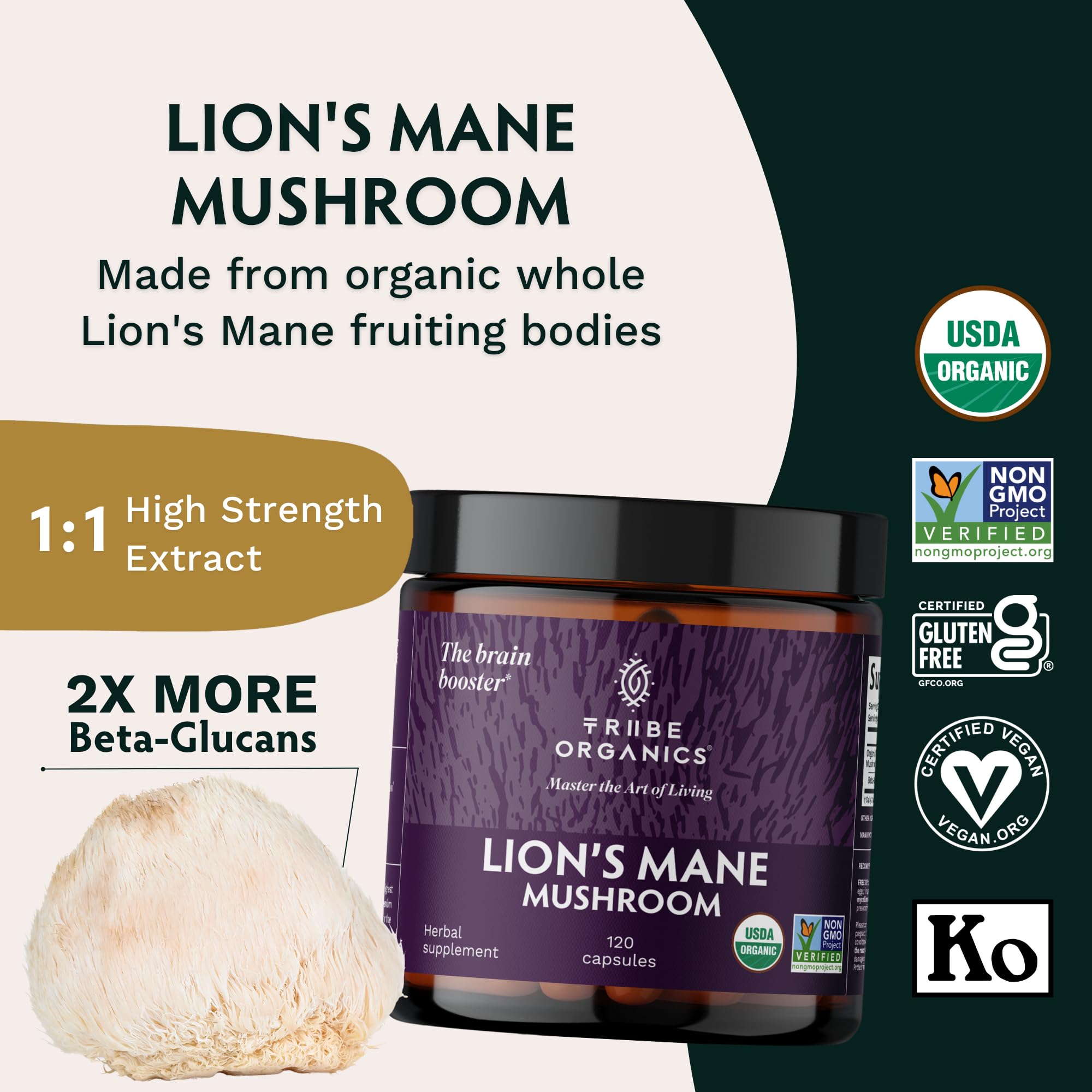 Foto 2 | Suplemento Tribe Organics Lion's Mane 1800 Mg 120 Cápsulas Veganas - Venta Internacional.