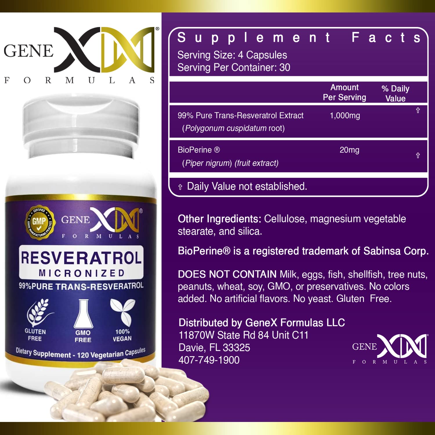 Foto 3 pulgar | Suplemento Genex Trans-resveratrol 1000 Mg 99% Puro 120 Unidades - Venta Internacional.