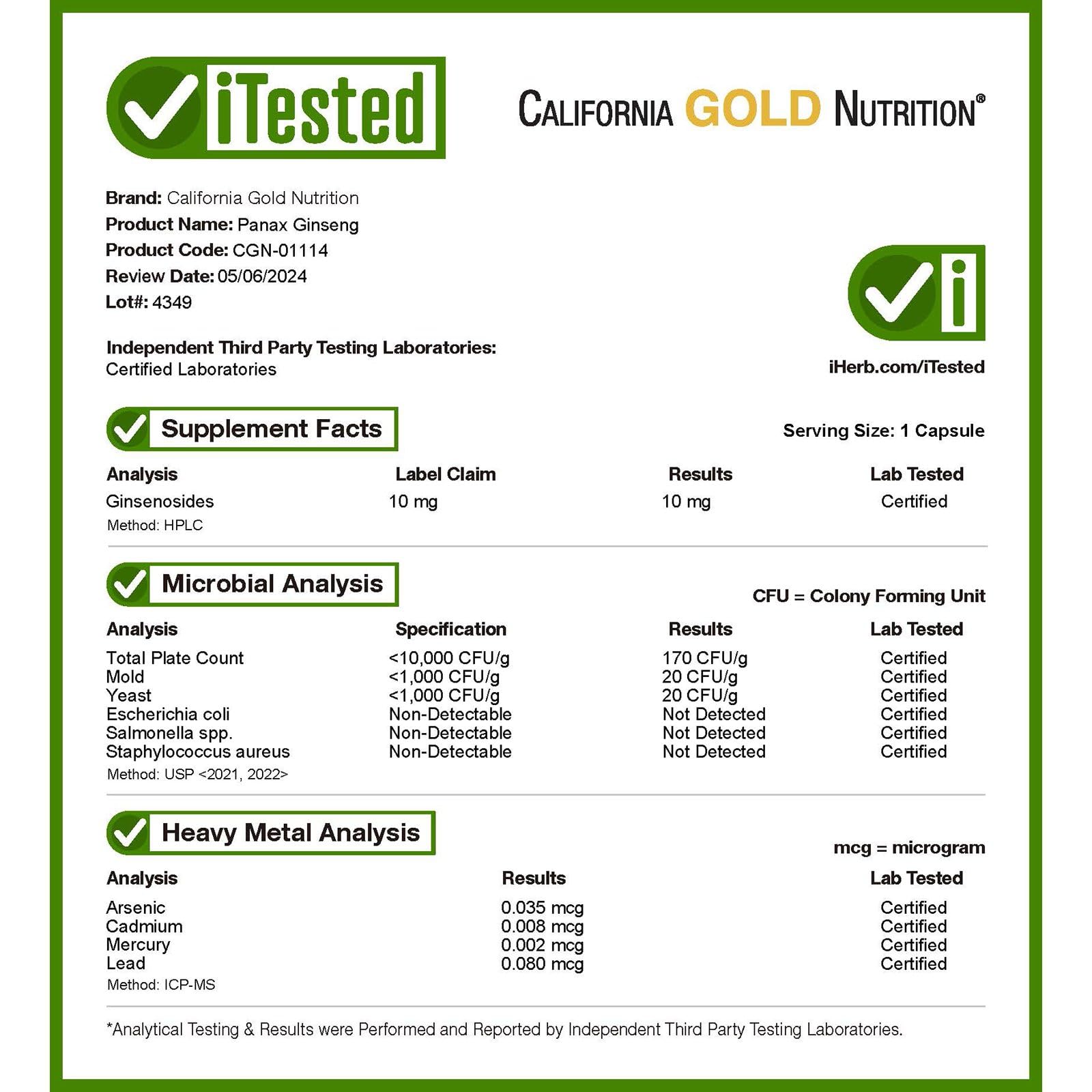 Foto 5 pulgar | Suplemento Panax Ginseng Euroherbs De California Gold Nutrition - Venta Internacional.