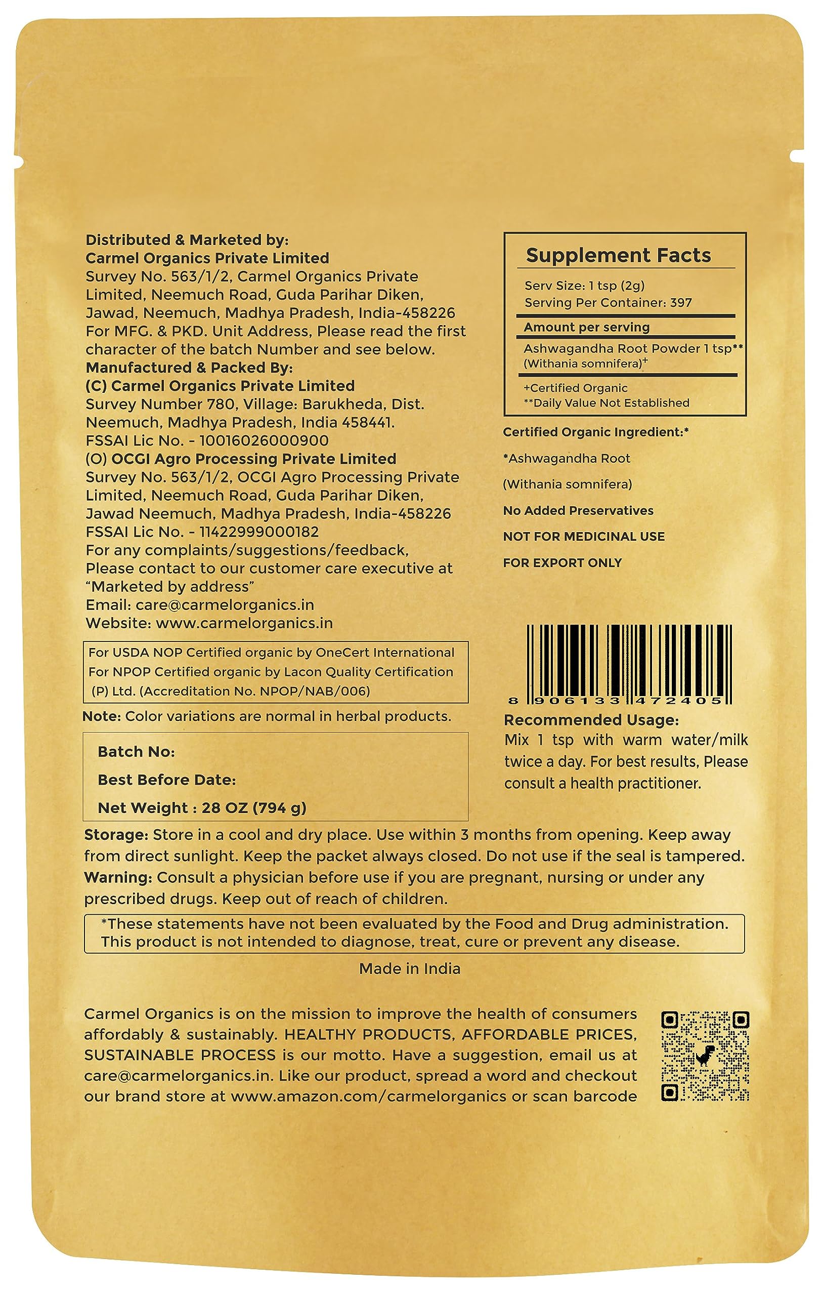 Foto 2 | Raíz De Ashwagandha En Polvo Carmel Organics 794 G Usda Organic - Venta Internacional.